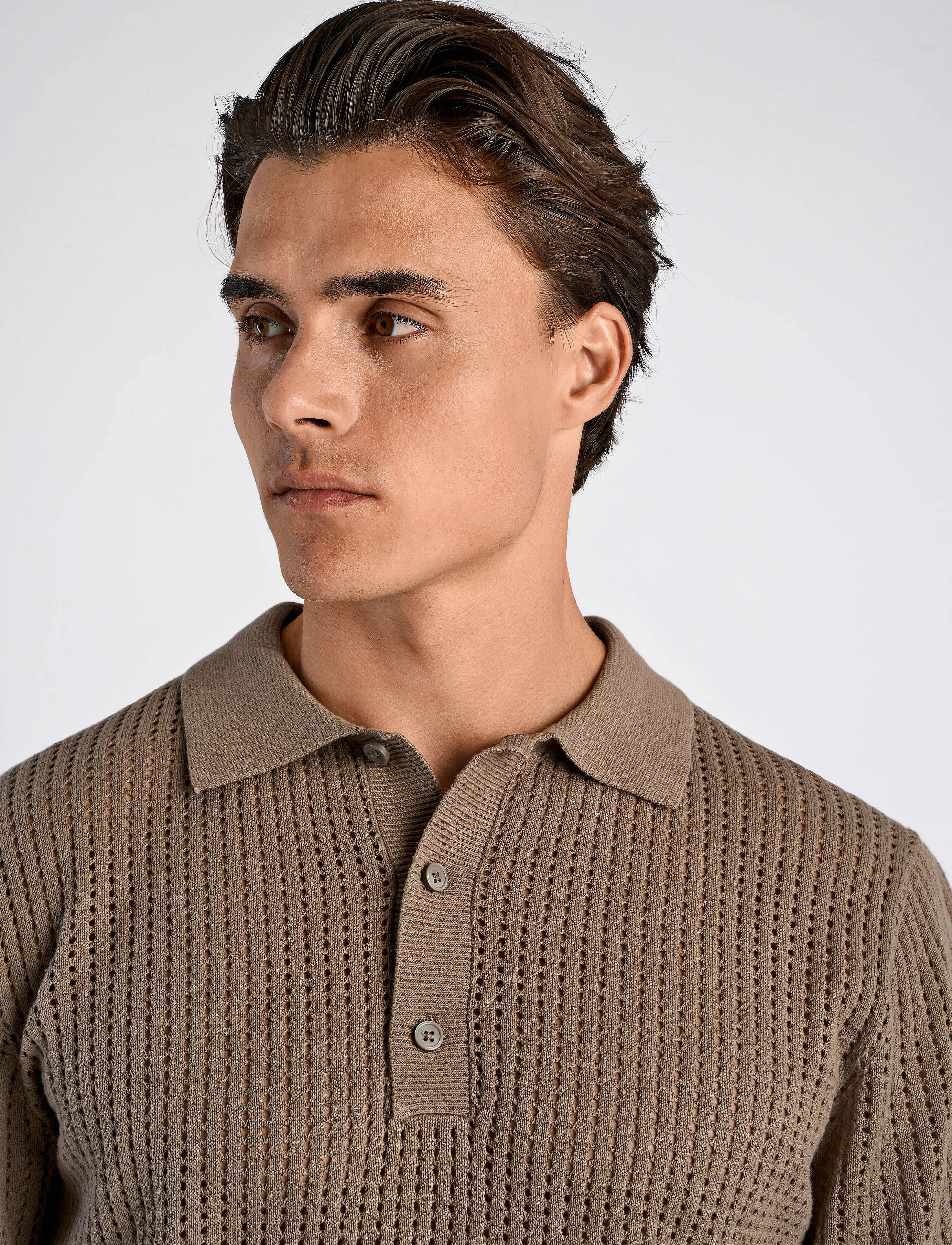 Lindbergh - Crochet knitted S/S v-neck polo - polostrik - dk stone - 5