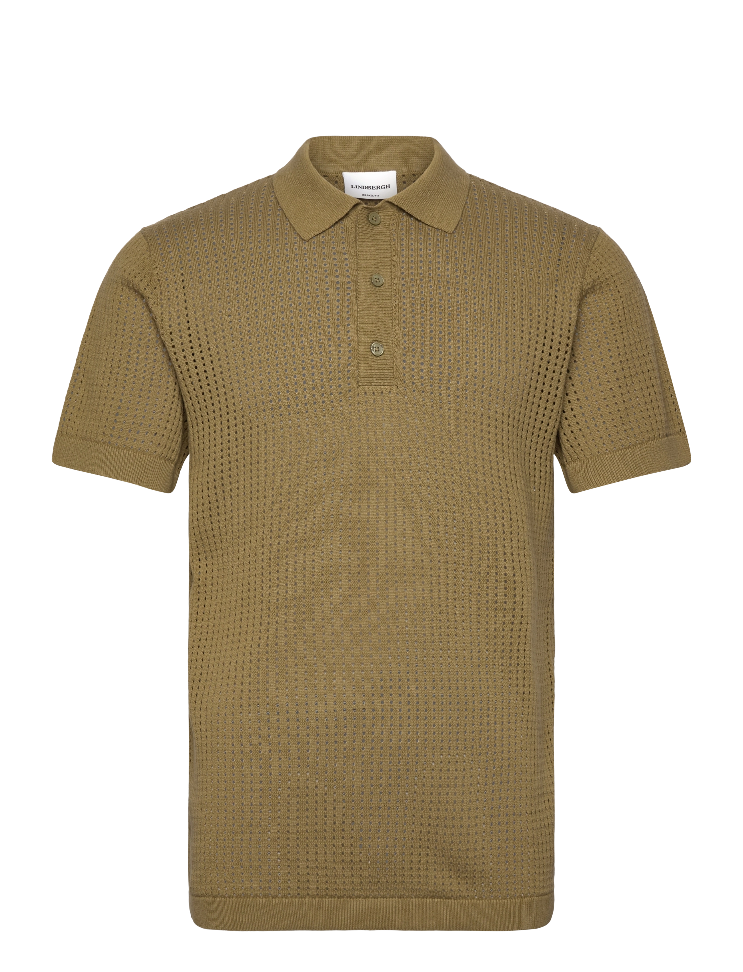 Lindbergh Crochet knitted S/S v-neck polo - Neuleet - MOSS GREEN / khaki/green