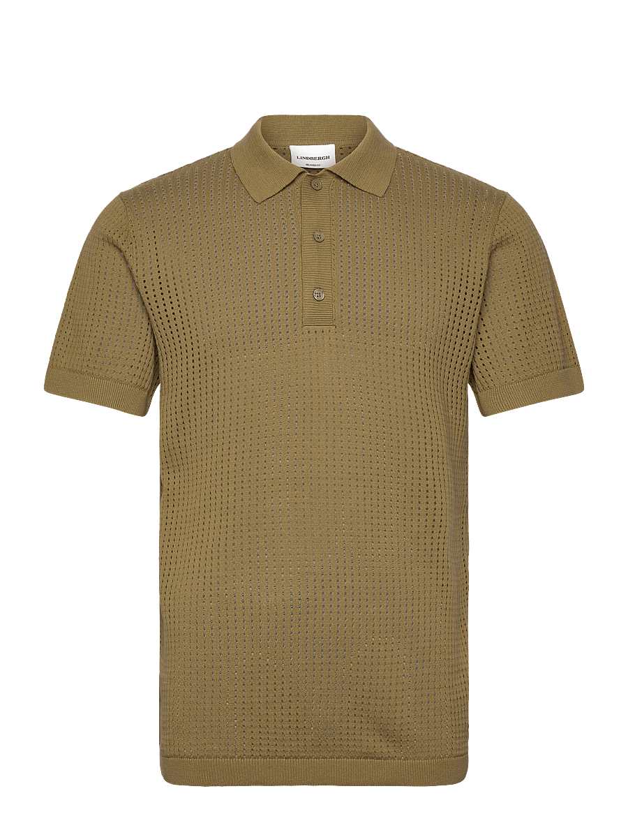 Lindbergh - Crochet knitted S/S v-neck polo - gestrickte polohemden - moss green - 1