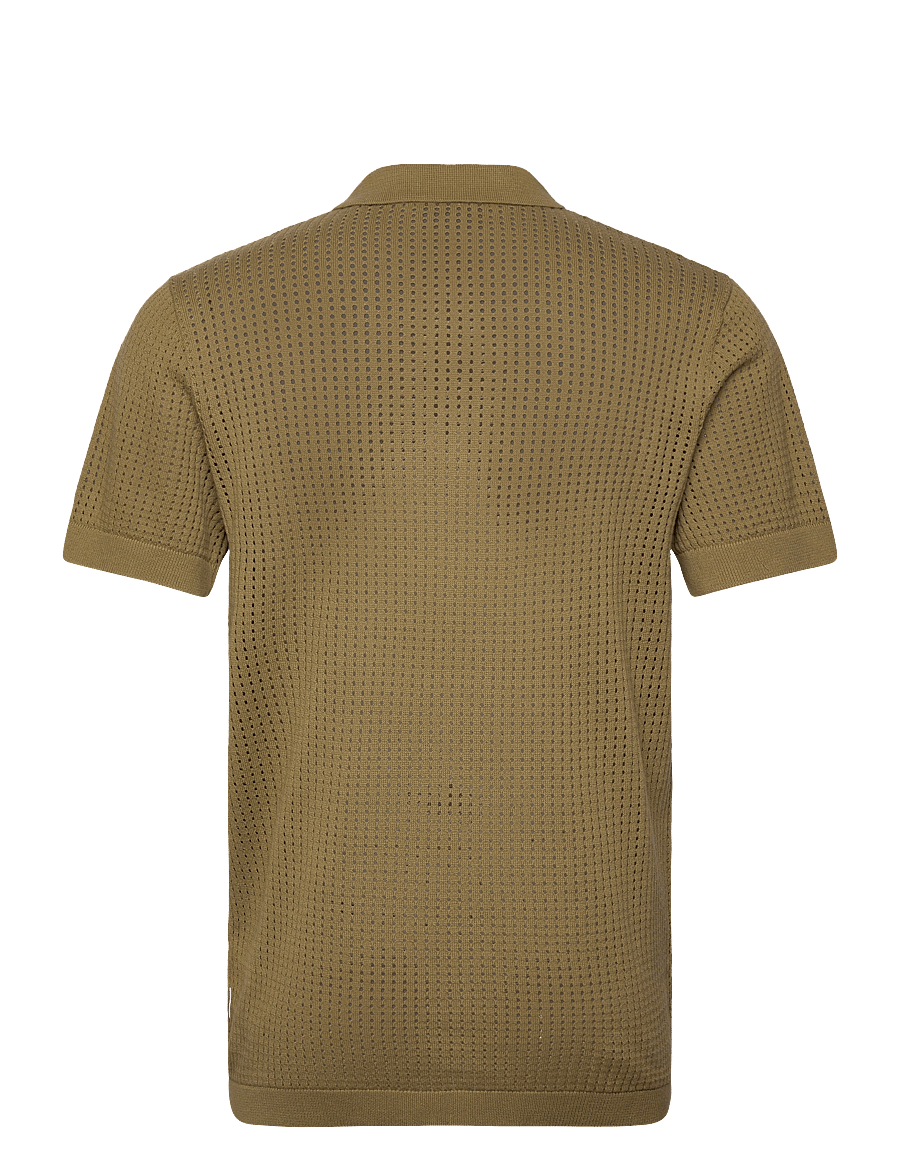 Lindbergh - Crochet knitted S/S v-neck polo - gestrickte polohemden - moss green - 2