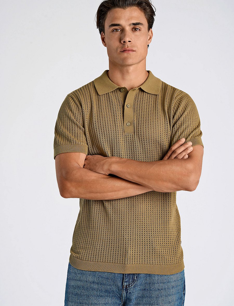 Lindbergh - Crochet knitted S/S v-neck polo - gestrickte polohemden - moss green - 0