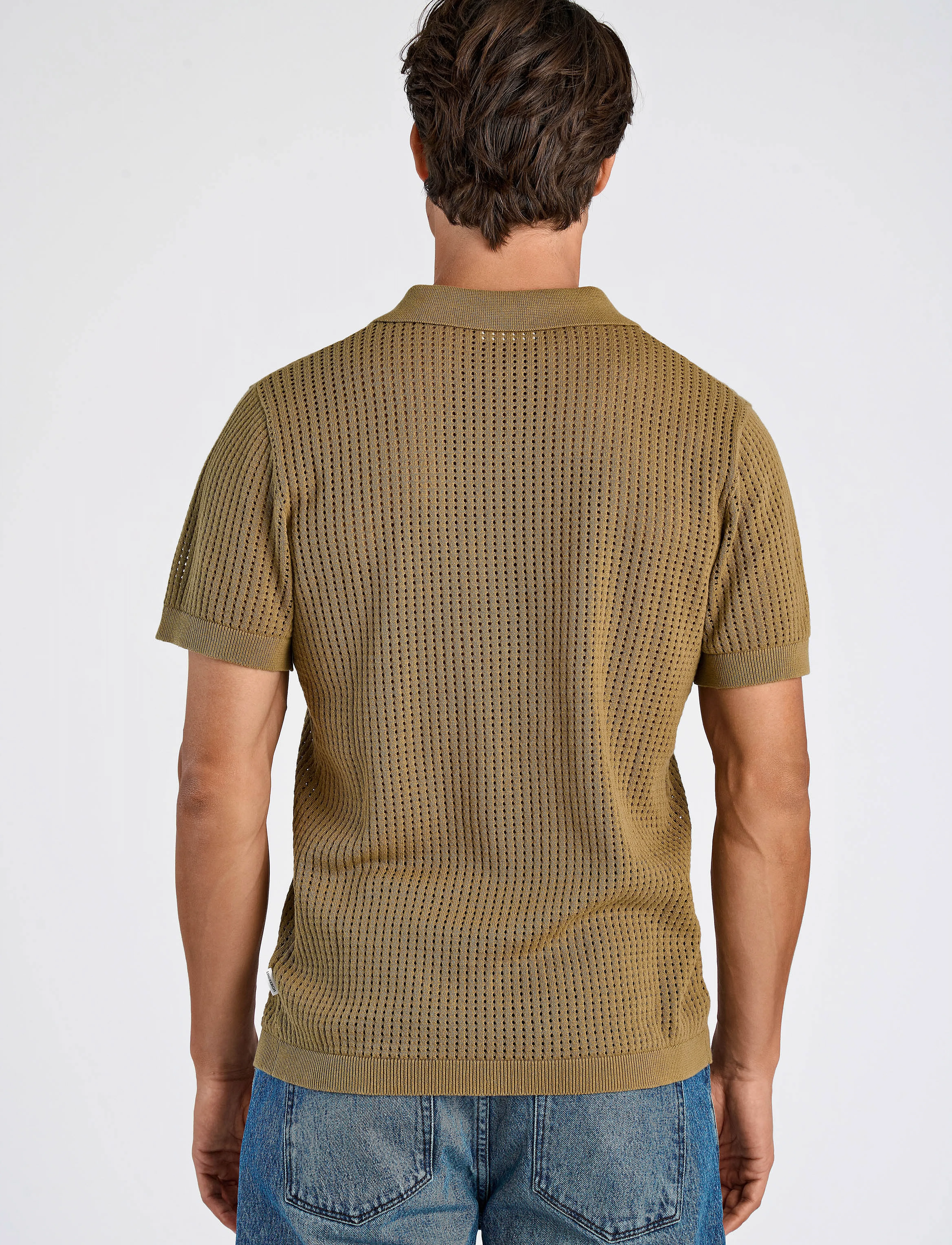 Lindbergh - Crochet knitted S/S v-neck polo - gestrickte polohemden - moss green - 3