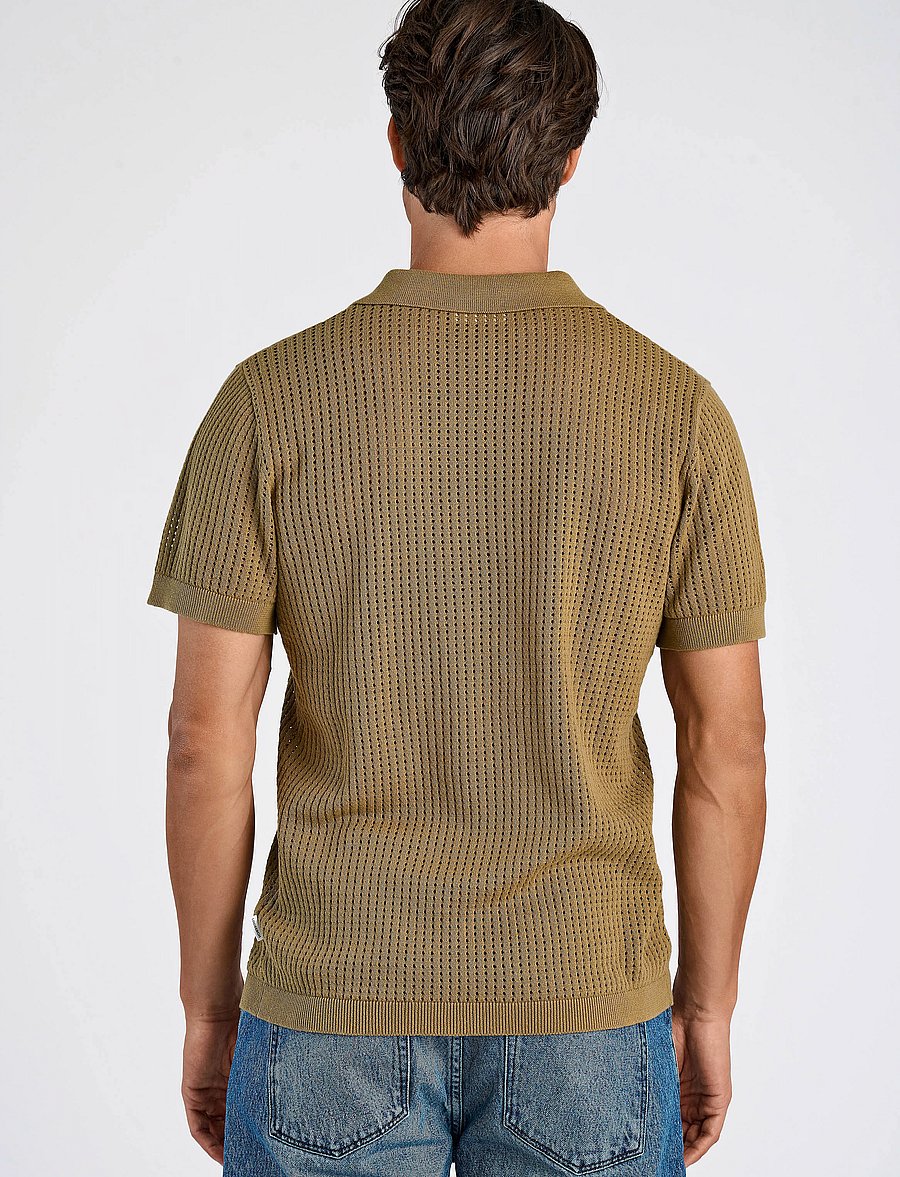 Lindbergh - Crochet knitted S/S v-neck polo - gestrickte polohemden - moss green - 3