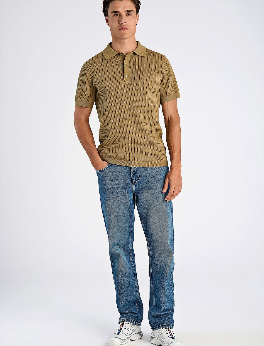 Lindbergh - Crochet knitted S/S v-neck polo - gestrickte polohemden - moss green - 4