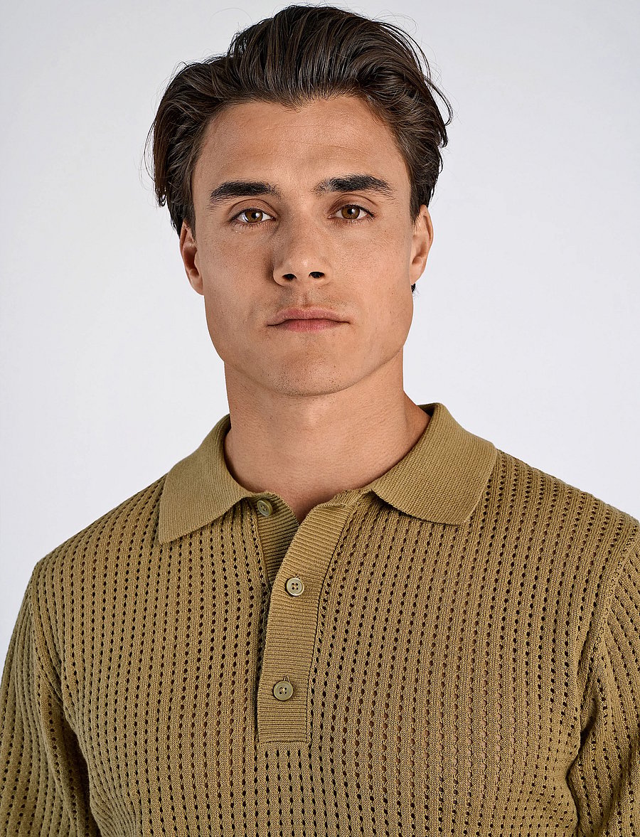 Lindbergh - Crochet knitted S/S v-neck polo - gestrickte polohemden - moss green - 5