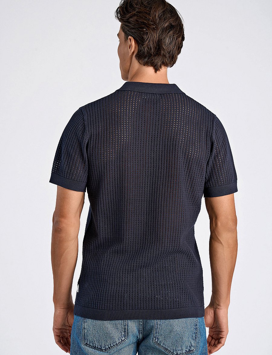 Lindbergh - Crochet knitted S/S v-neck polo - polostrik - navy - 3