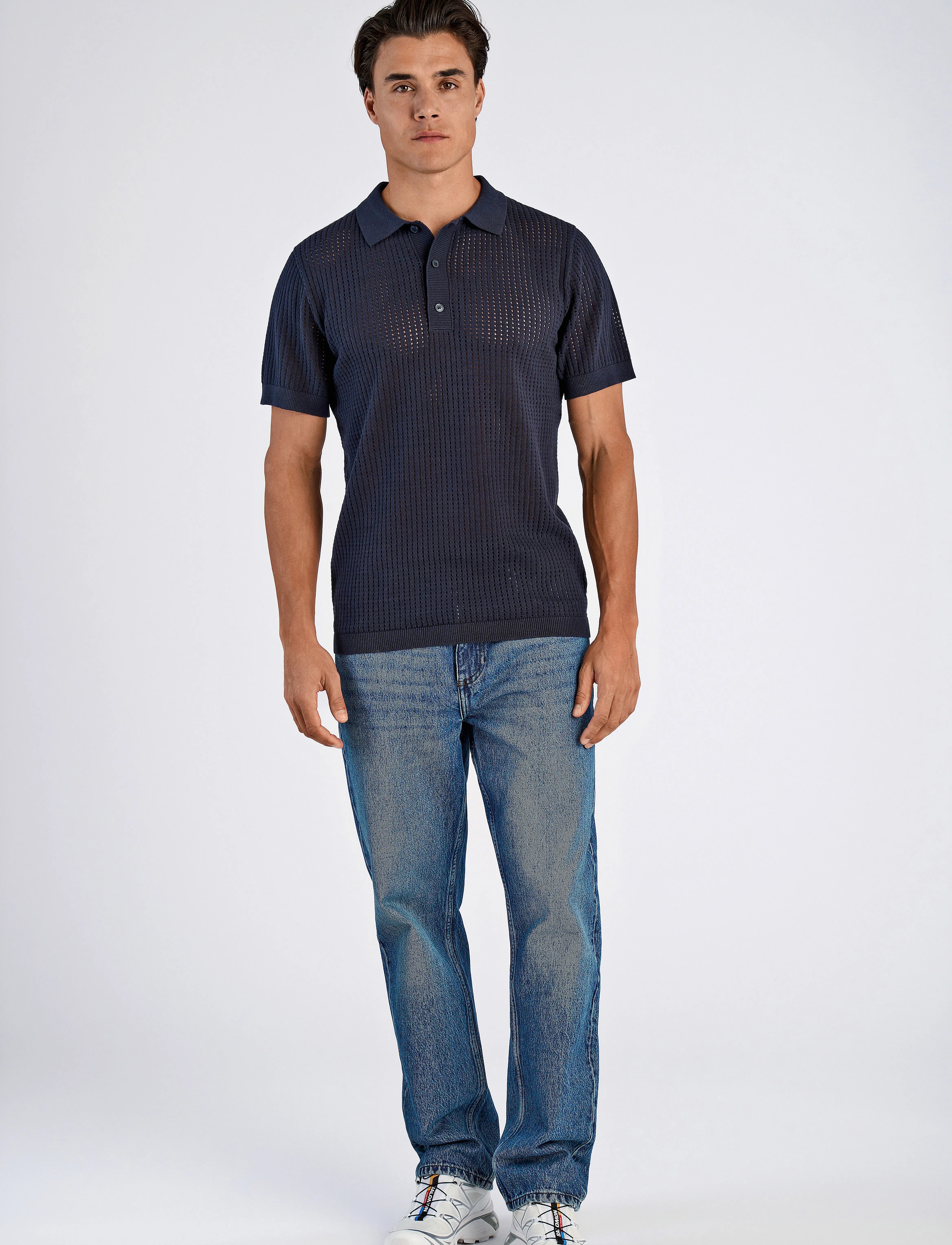 Lindbergh - Crochet knitted S/S v-neck polo - polostrik - navy - 4