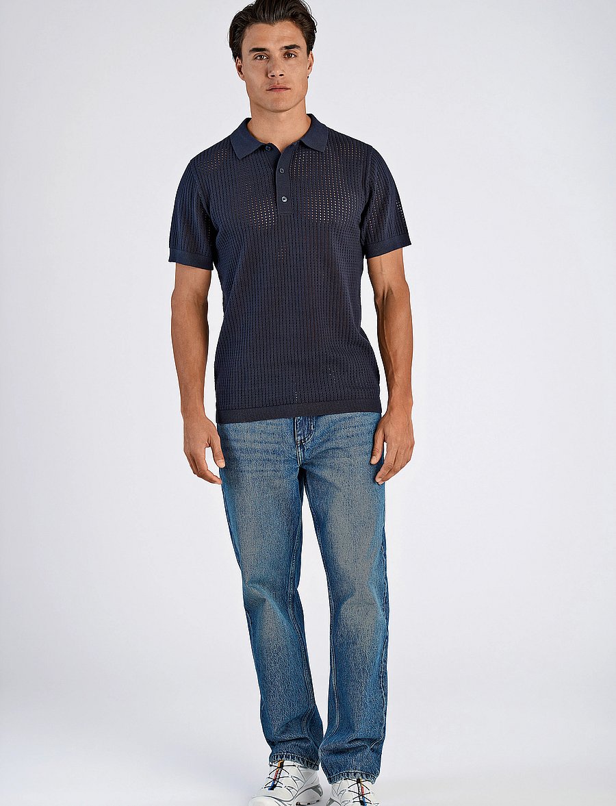 Lindbergh - Crochet knitted S/S v-neck polo - polostrik - navy - 4