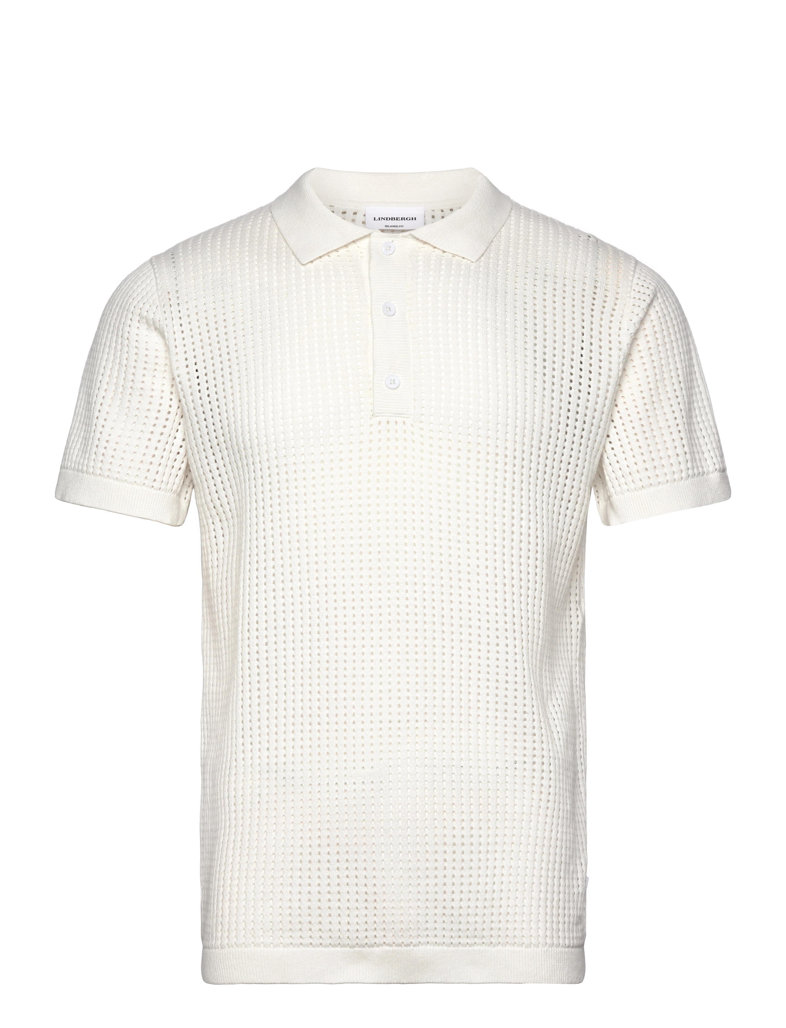 Lindbergh Crochet knitted S/S v-neck polo - Strik - SALT WHITE / cream