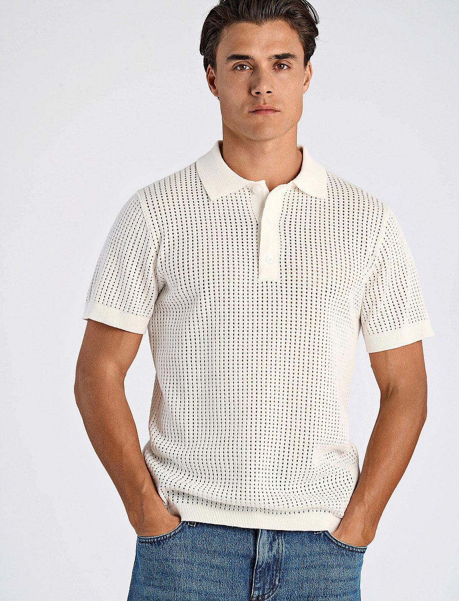 Lindbergh - Crochet knitted S/S v-neck polo - polostrik - salt white - 0