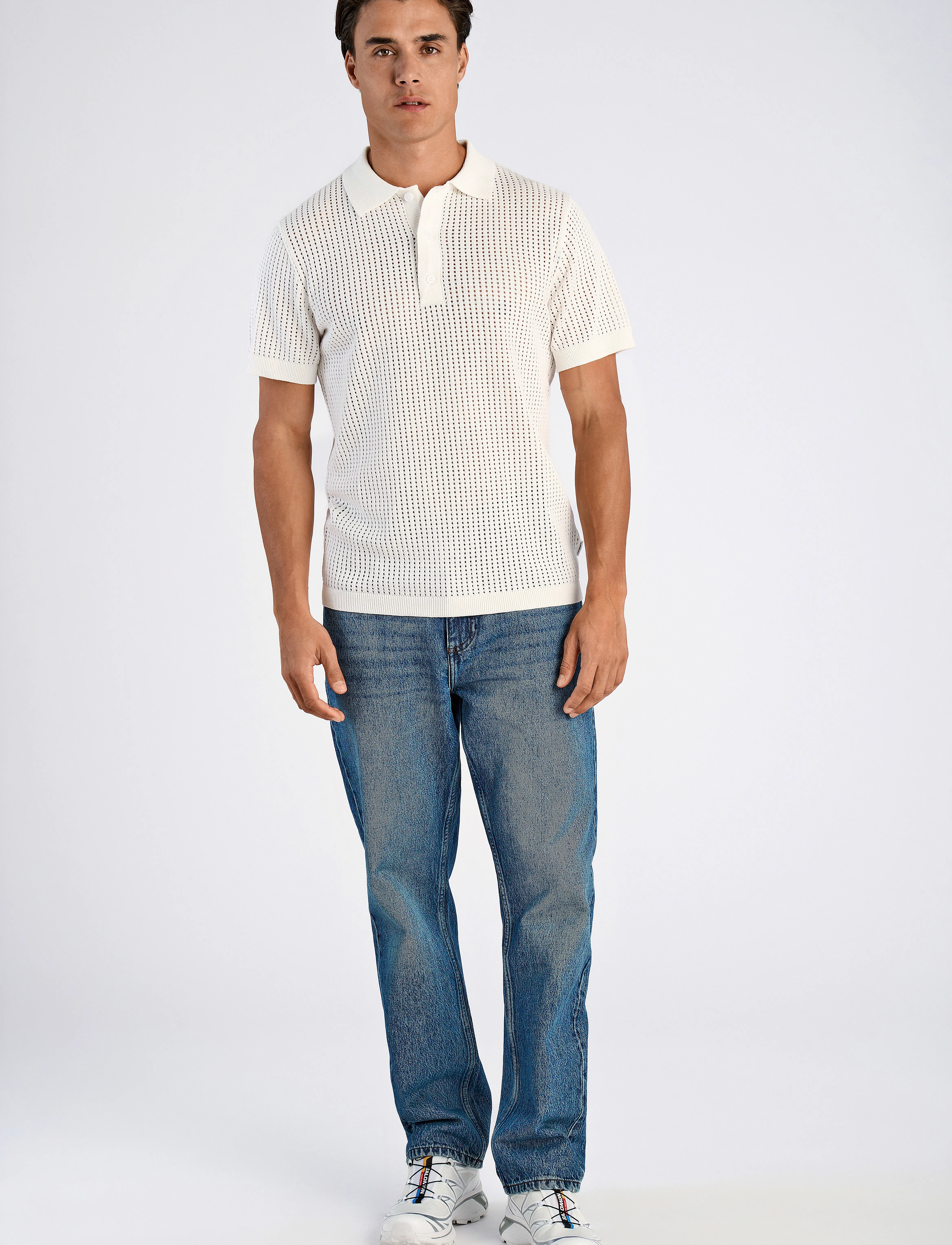 Lindbergh - Crochet knitted S/S v-neck polo - polostrik - salt white - 4