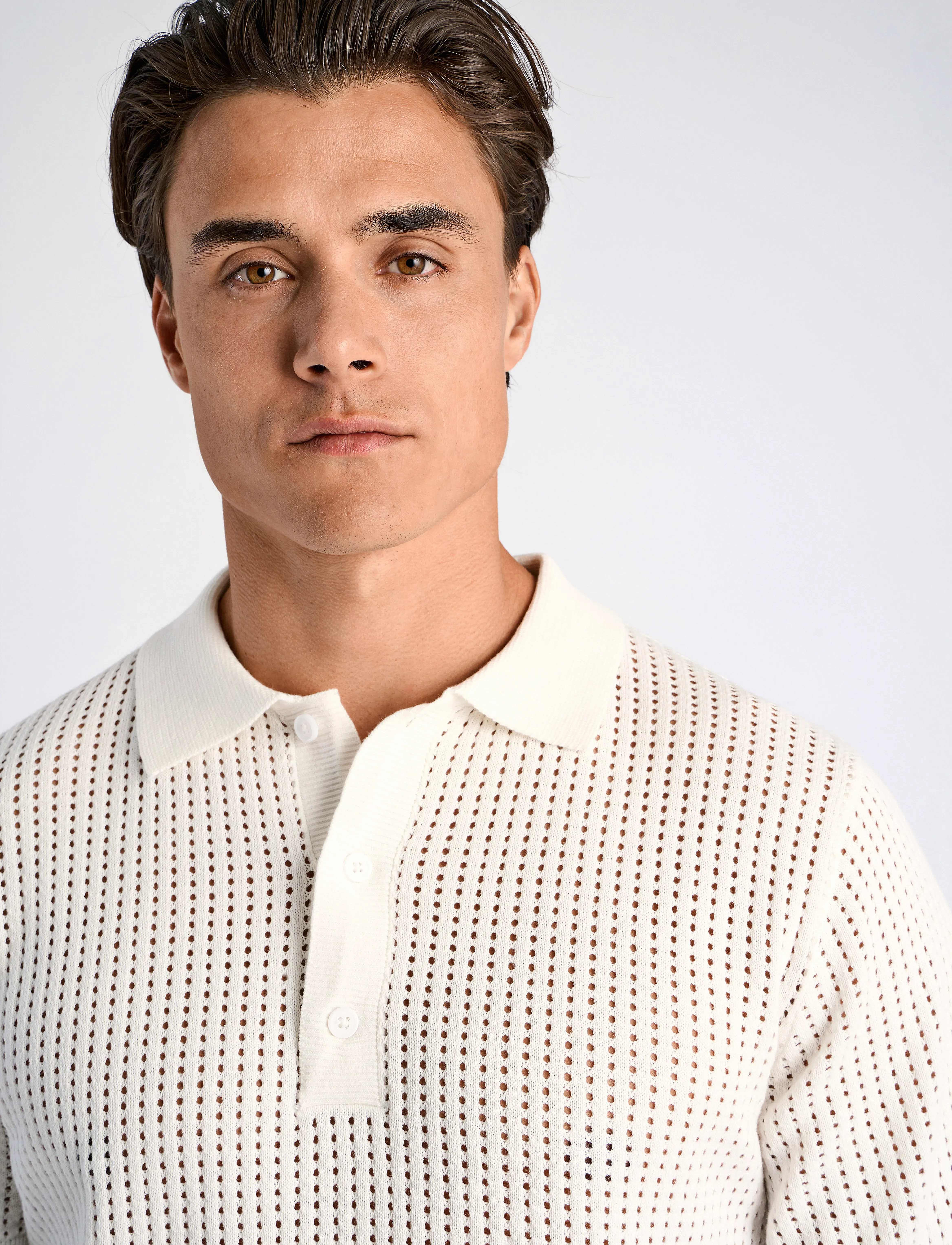 Lindbergh - Crochet knitted S/S v-neck polo - polostrik - salt white - 5