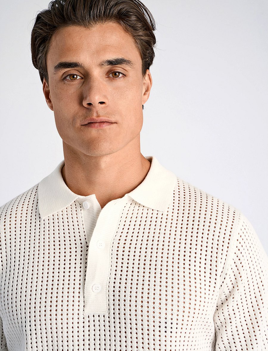Lindbergh - Crochet knitted S/S v-neck polo - polostrik - salt white - 5