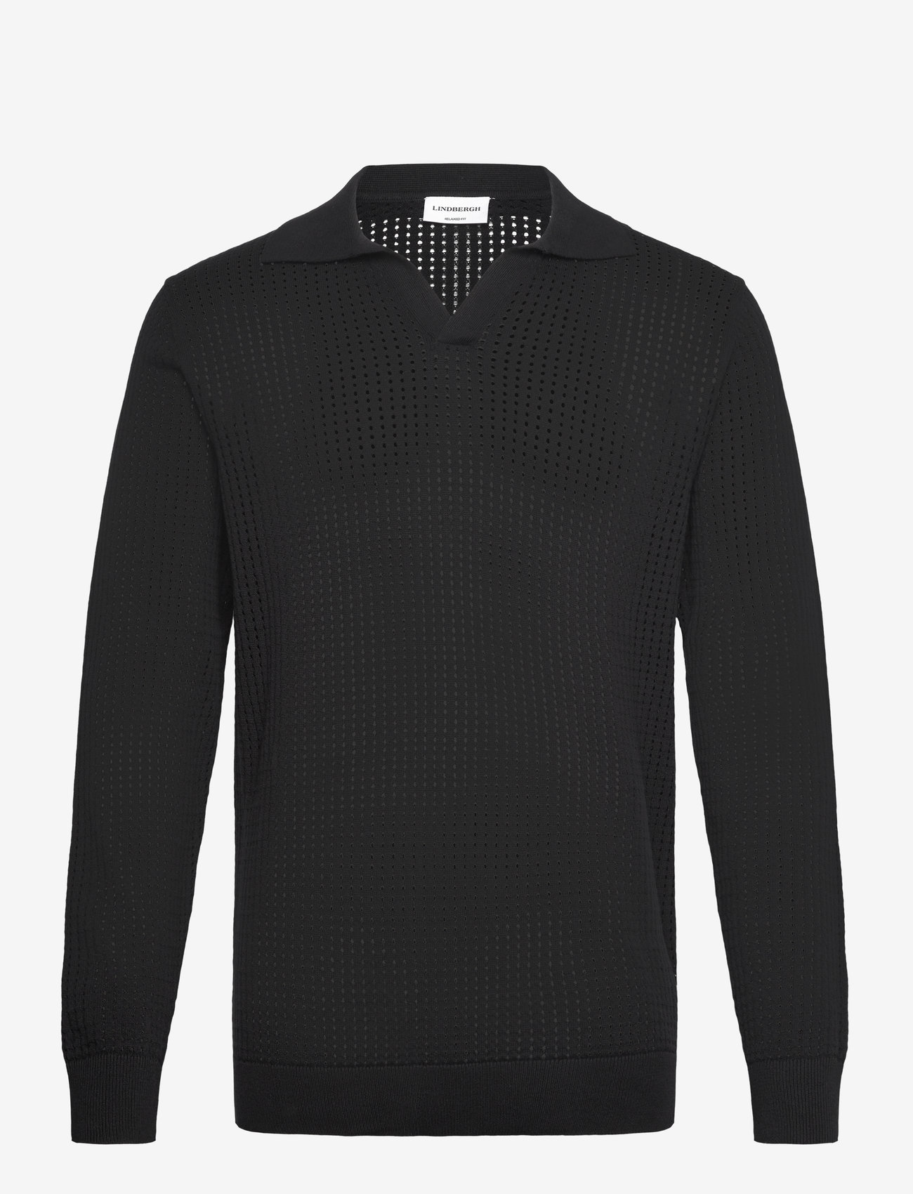 Lindbergh - Crochet knit L/S v-neck polo - polostrik - black - 1