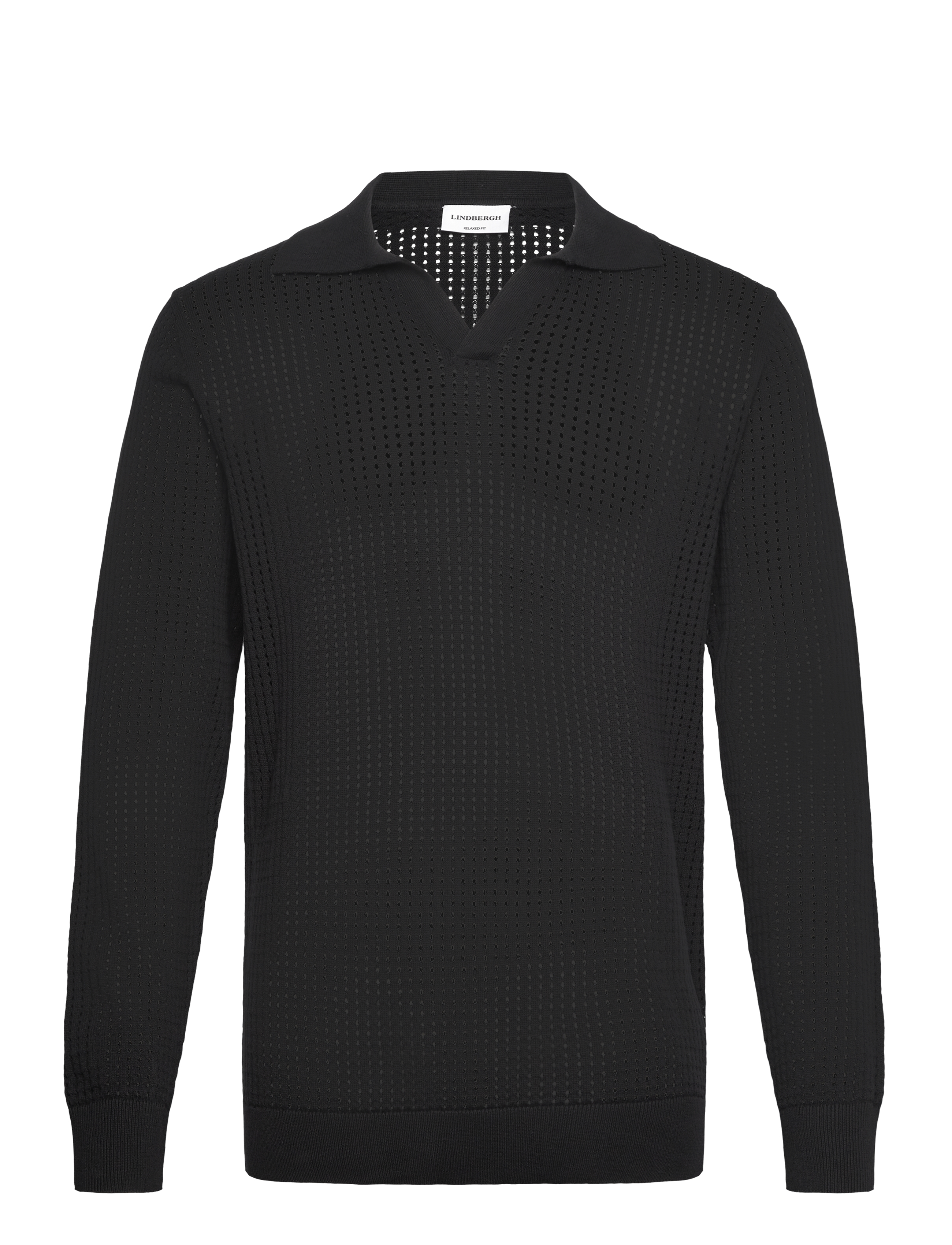 Crochet knit L/S v-neck polo - BLACK