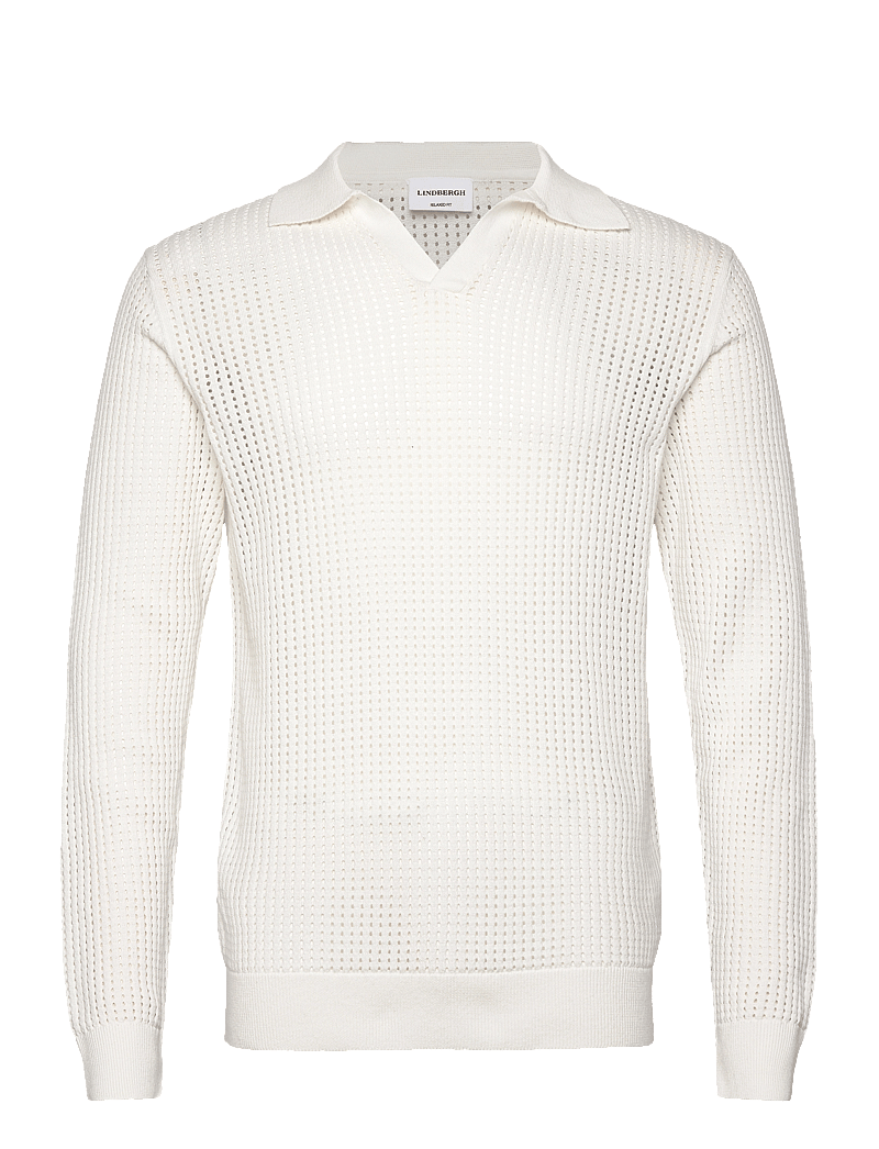 Lindbergh - Crochet knit L/S v-neck polo - neulotut poolot - salt white - 1