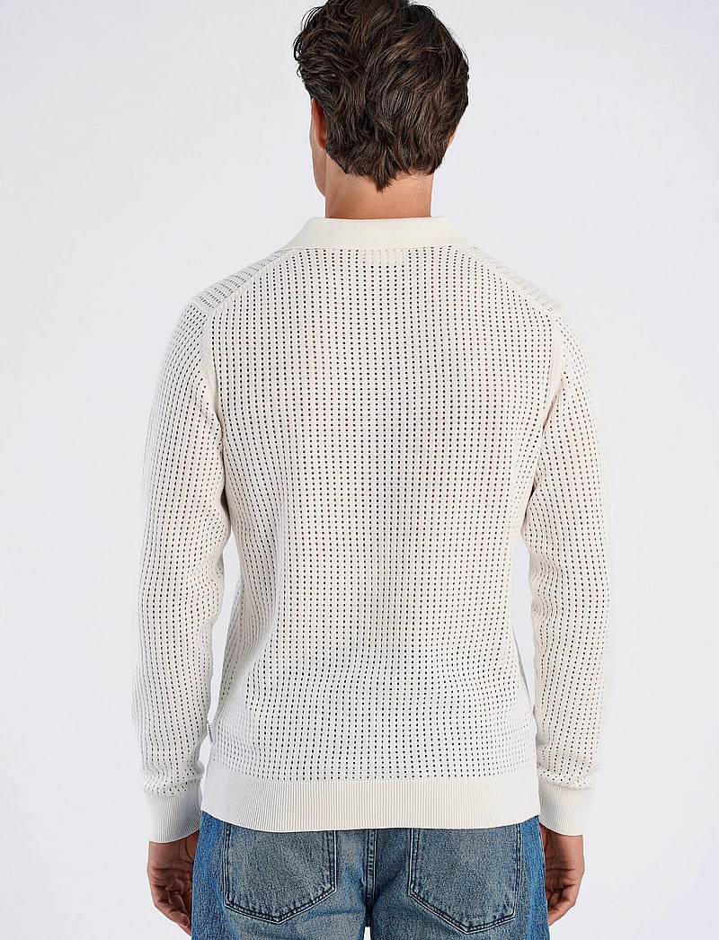 Lindbergh - Crochet knit L/S v-neck polo - neulotut poolot - salt white - 3