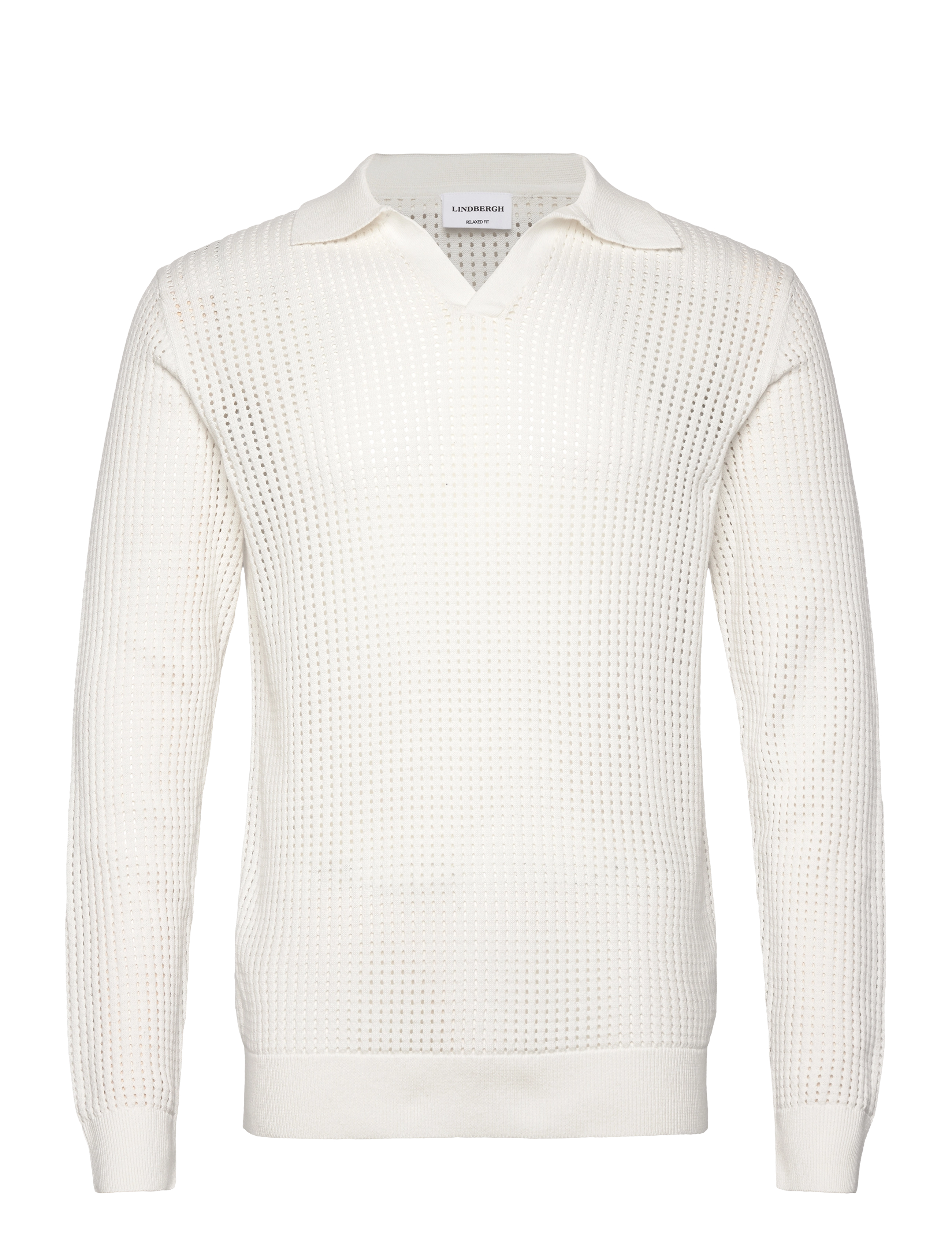 Lindbergh Crochet knit L/S v-neck polo - Strik - SALT WHITE / white
