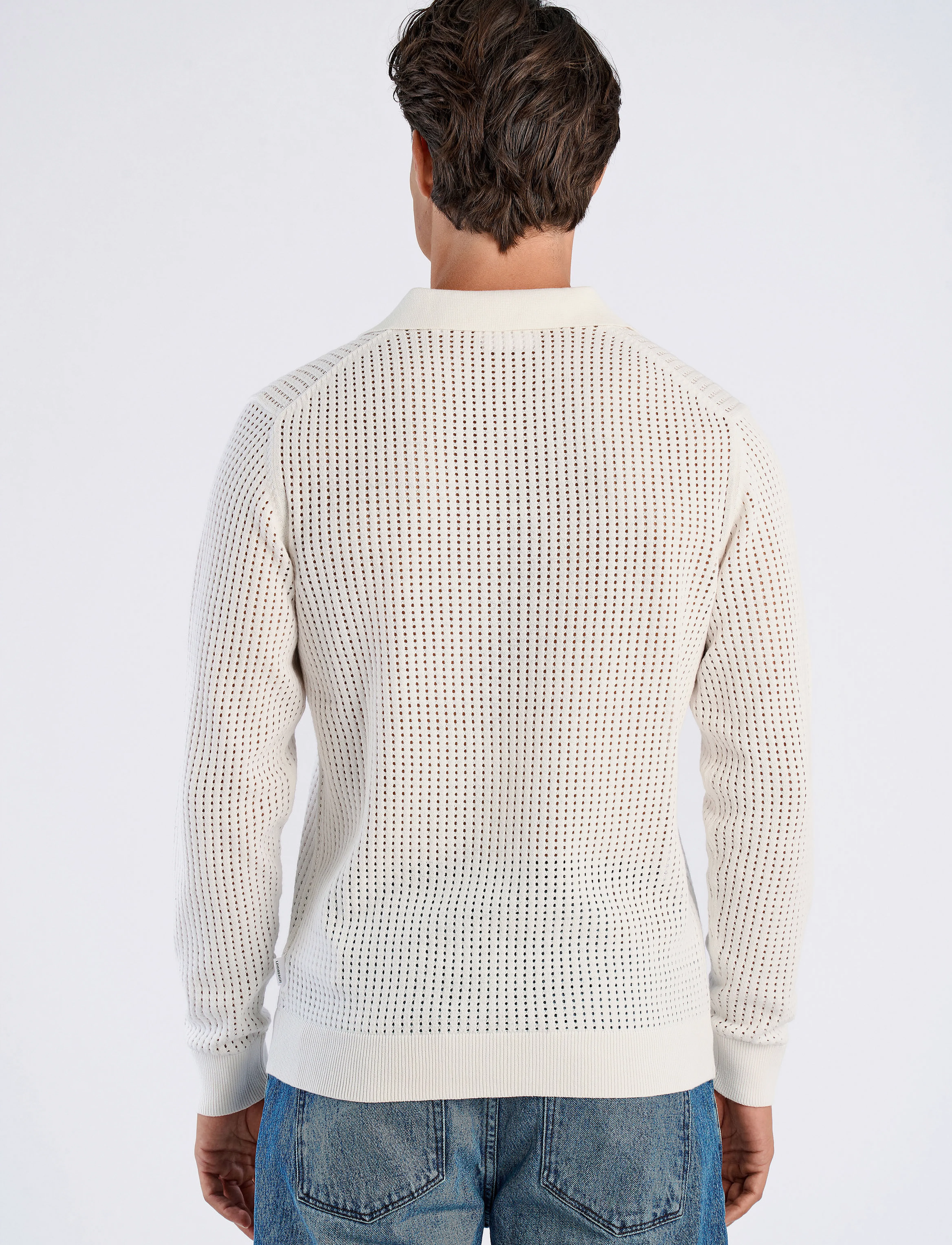 Lindbergh - Crochet knit L/S v-neck polo - polostrik - salt white - 3