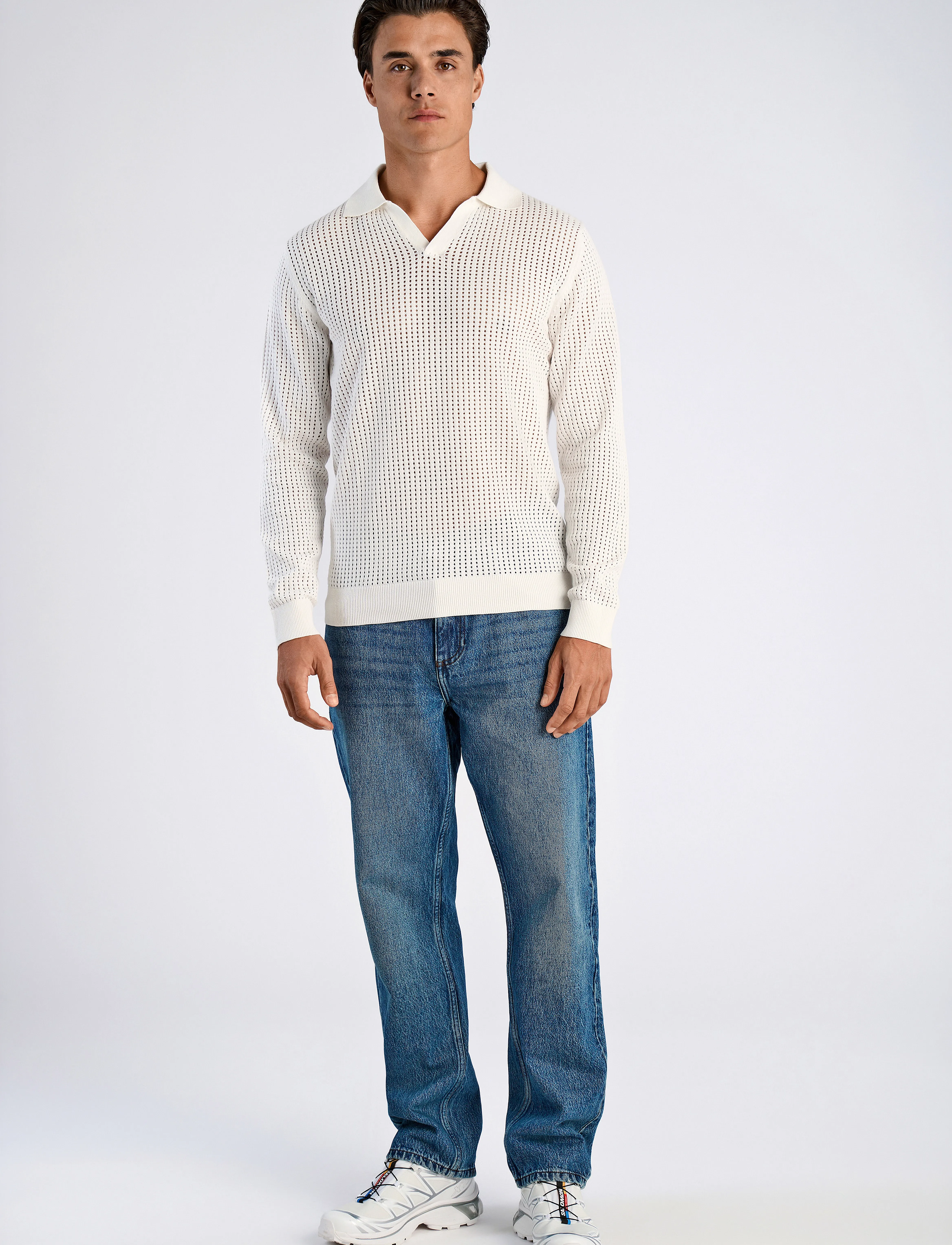 Lindbergh - Crochet knit L/S v-neck polo - polostrik - salt white - 4