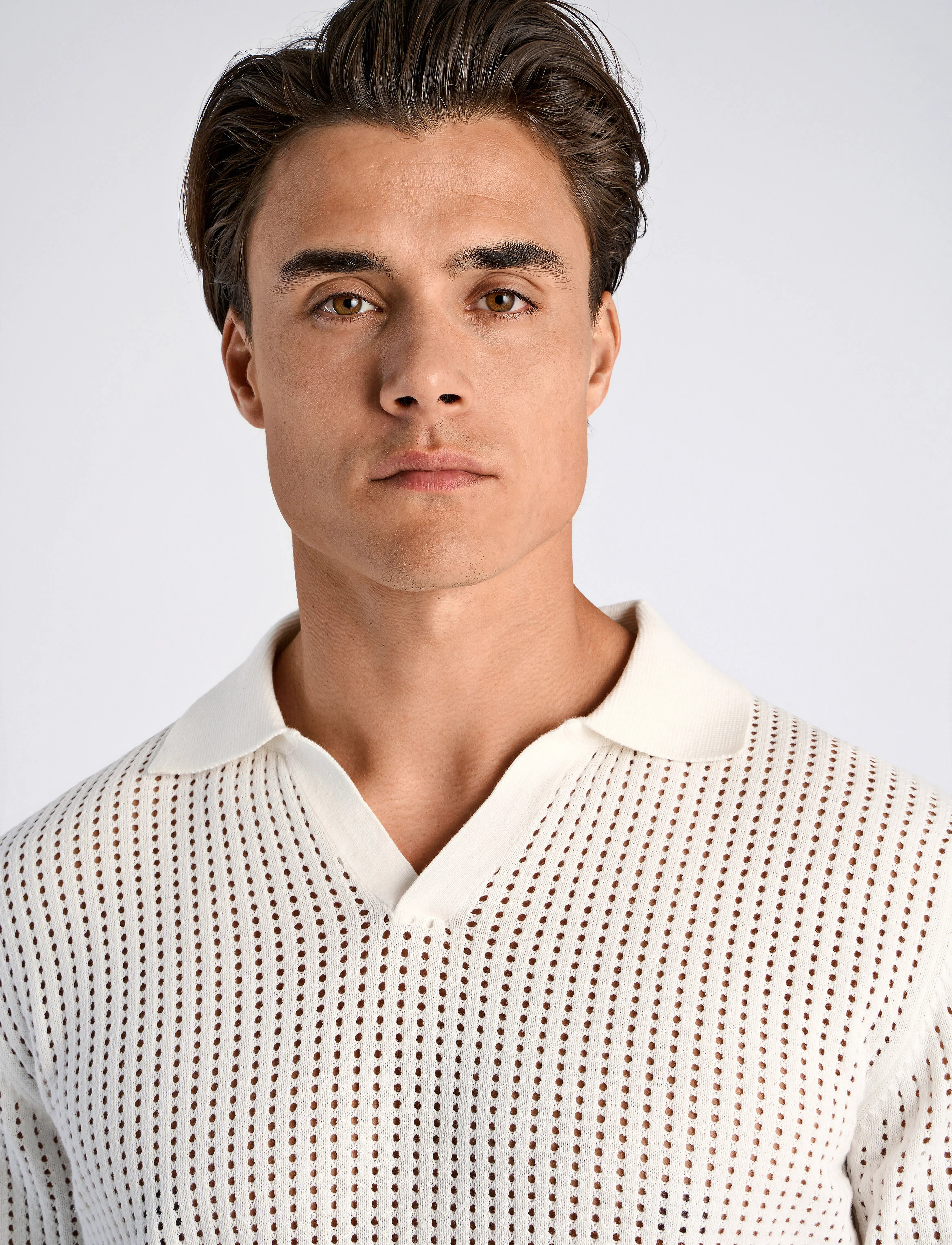 Lindbergh - Crochet knit L/S v-neck polo - polostrik - salt white - 5
