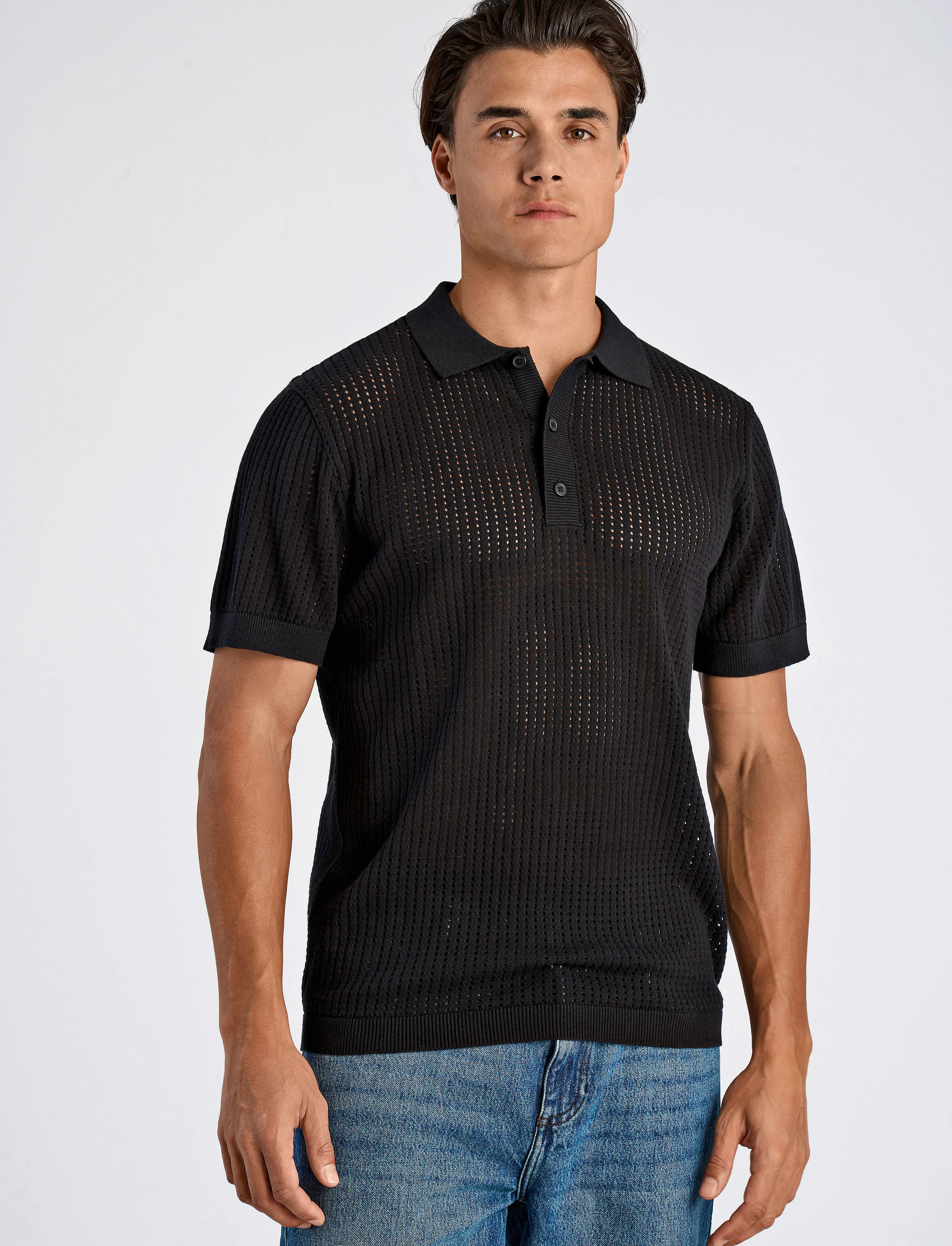 Lindbergh Crochet Knitted S/S Polo, M, Polos, Schwarz - Short-sleeved, Männerswear