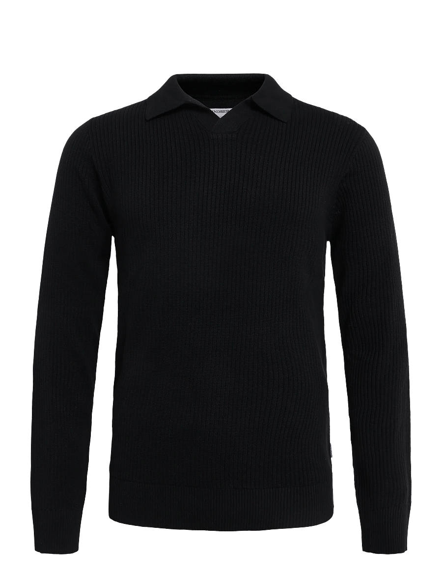 Lindbergh - Ribbed L/S v-neck poloRibbed L/S v-neck polo - långärmade stickade pikétröjor - black - 0