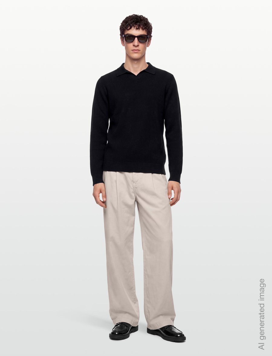 Lindbergh - Ribbed L/S v-neck poloRibbed L/S v-neck polo - långärmade stickade pikétröjor - black - 0