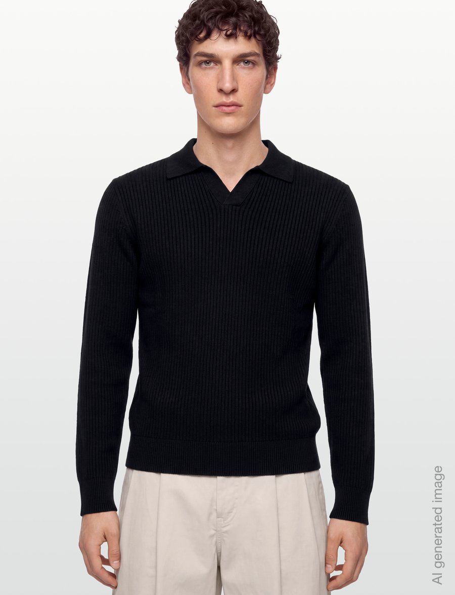 Lindbergh - Ribbed L/S v-neck poloRibbed L/S v-neck polo - långärmade stickade pikétröjor - black - 3