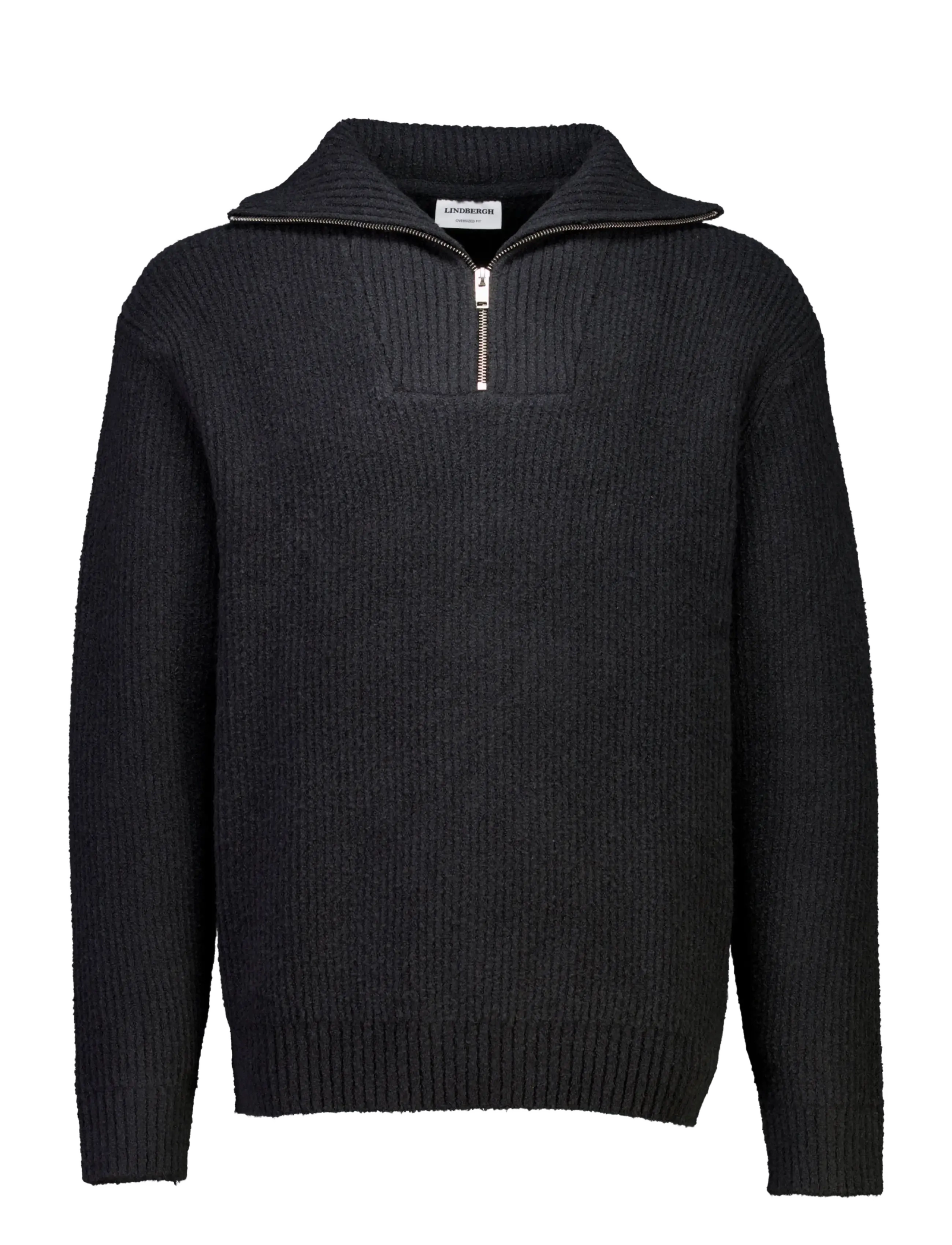 Lindbergh Oversized half zip sweater - Stickat - BLACK / black