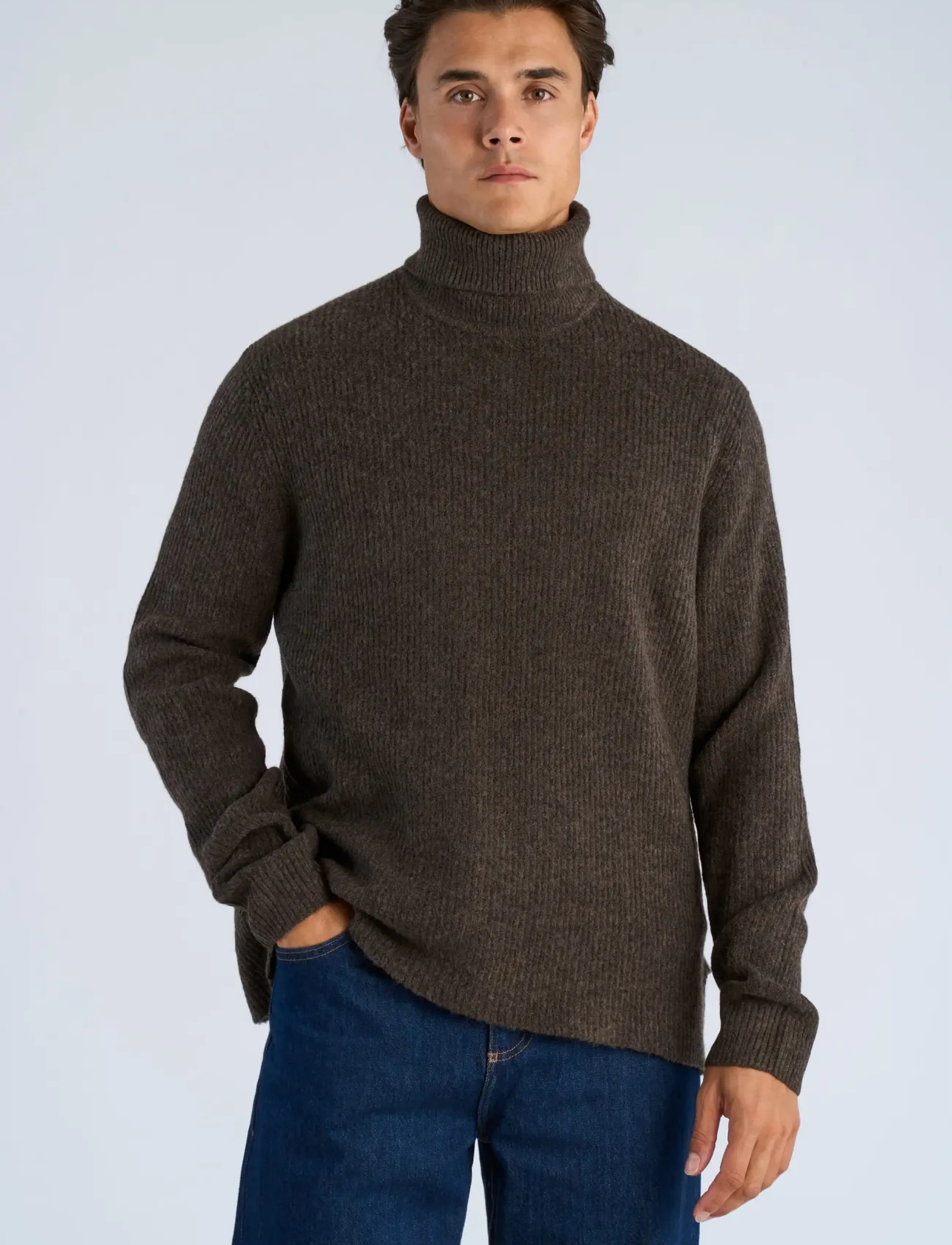 Lindbergh - Rib L/S roll-neck sweater - höstkläder - dk brown mel - 3