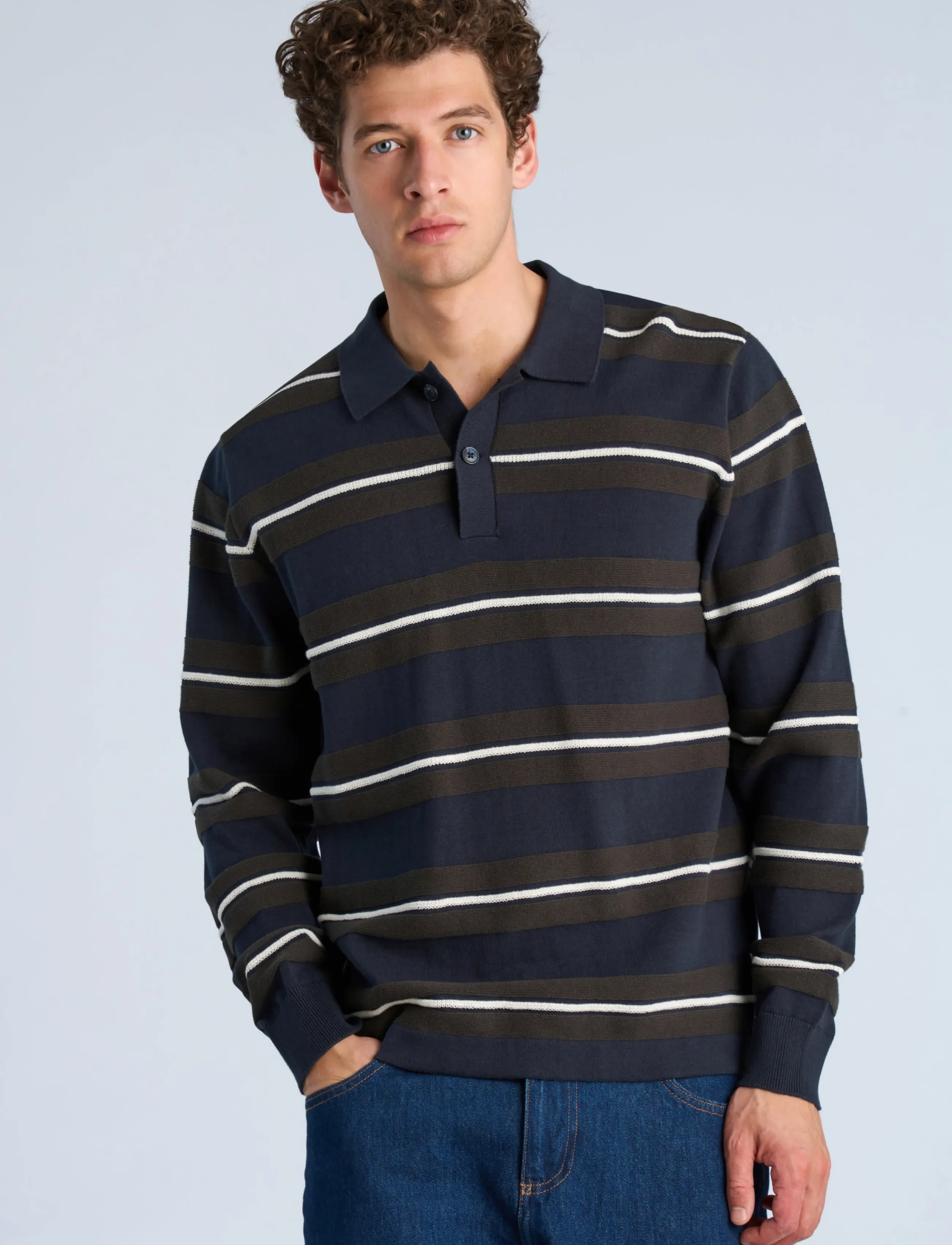 Lindbergh Striped Knitted Polo L/S pikéer herr – bild 2