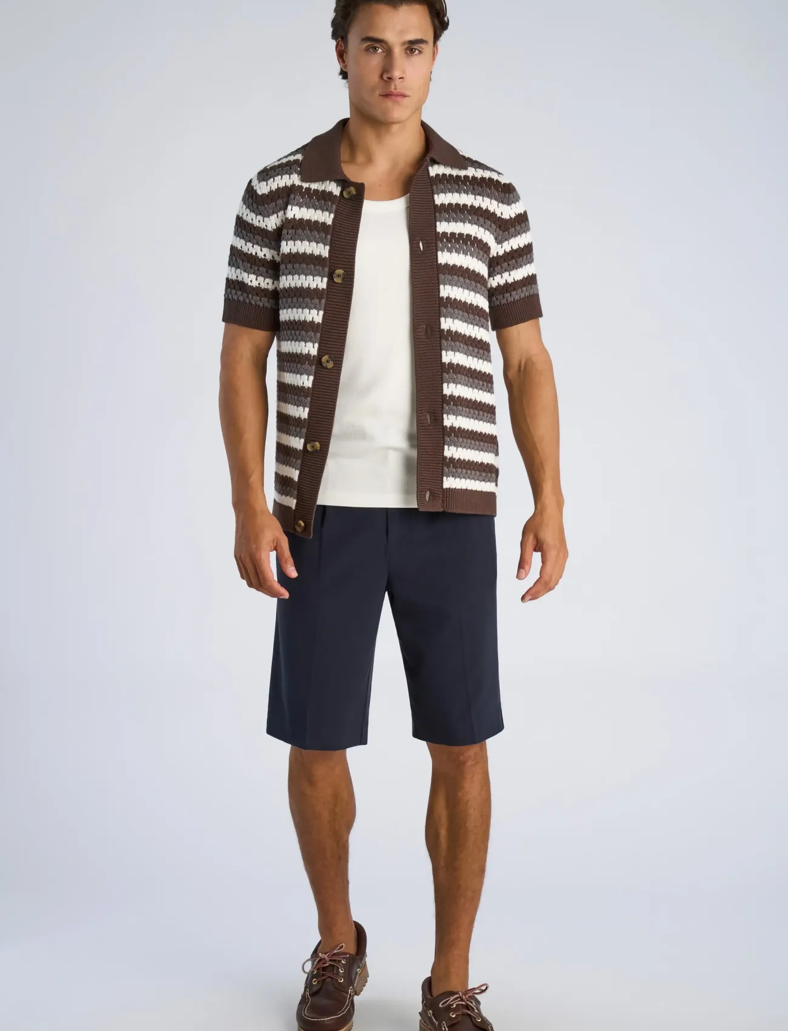 Lindbergh Chrochet Cardigan S/S, Mænd, Kortærmet Stribet Hæklet Polo Cardigan, Brun, Str: XL