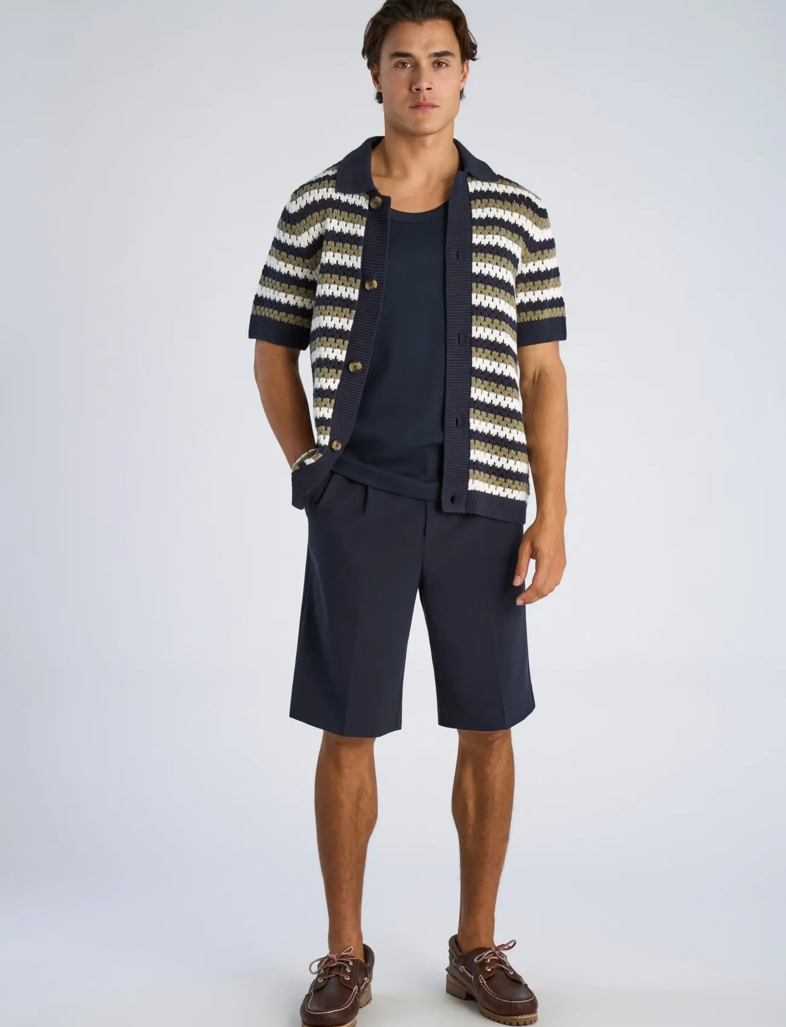 Lindbergh Chrochet Cardigan S/S, Mænd, Kortærmet Stribet Hæklet Polo Cardigan, Grøn, Str: M