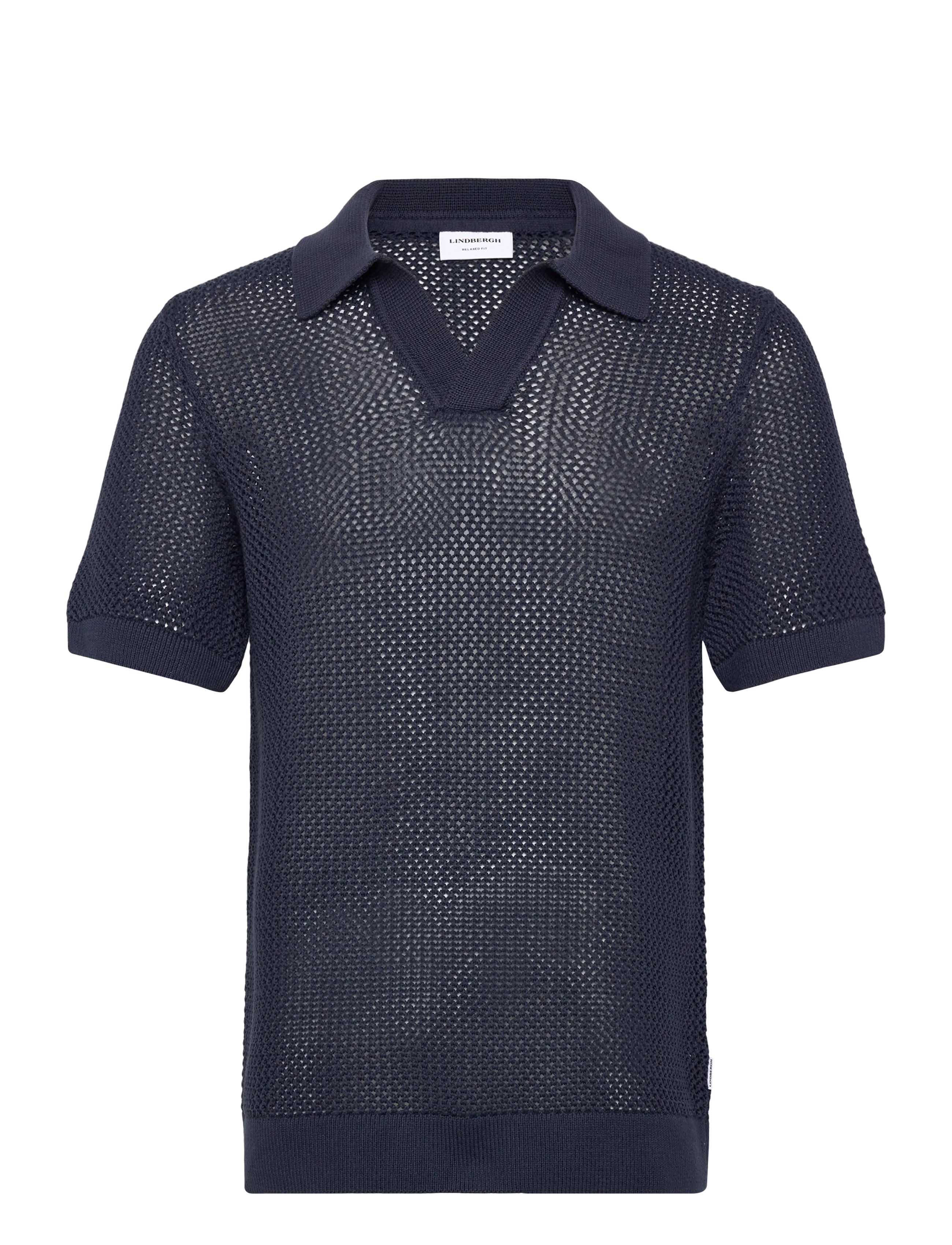 Lindbergh V-neck S/S crochet knit polo - Strik - DK BLUE / navy