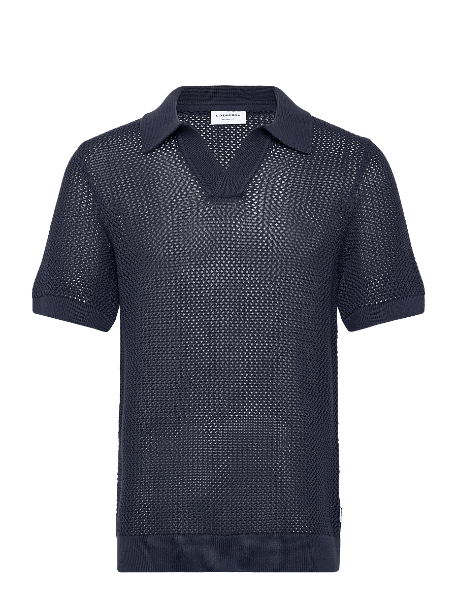 Lindbergh - V-neck S/S crochet knit polo - kootud polosärgid - dk blue - 1