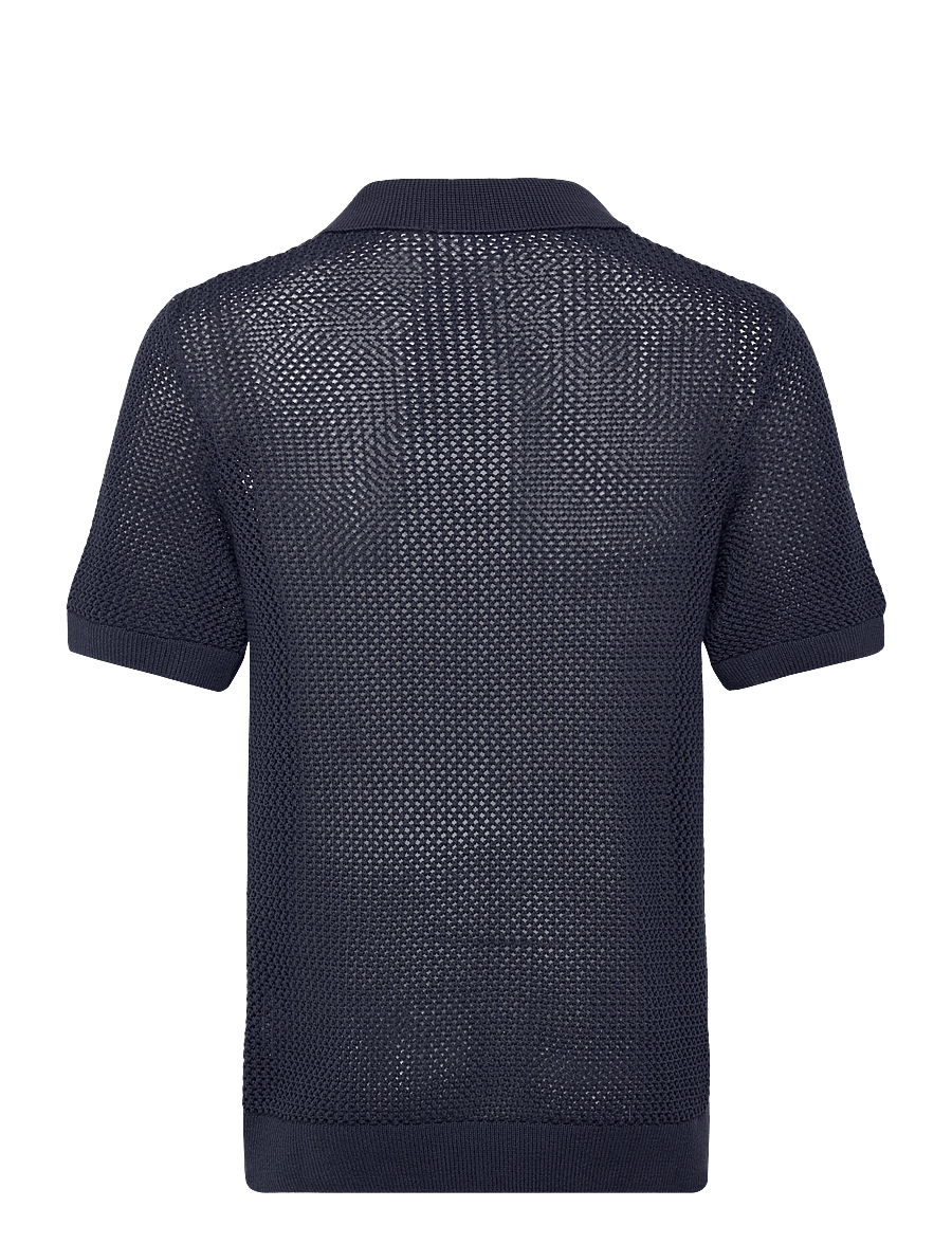 Lindbergh - V-neck S/S crochet knit polo - kootud polosärgid - dk blue - 2