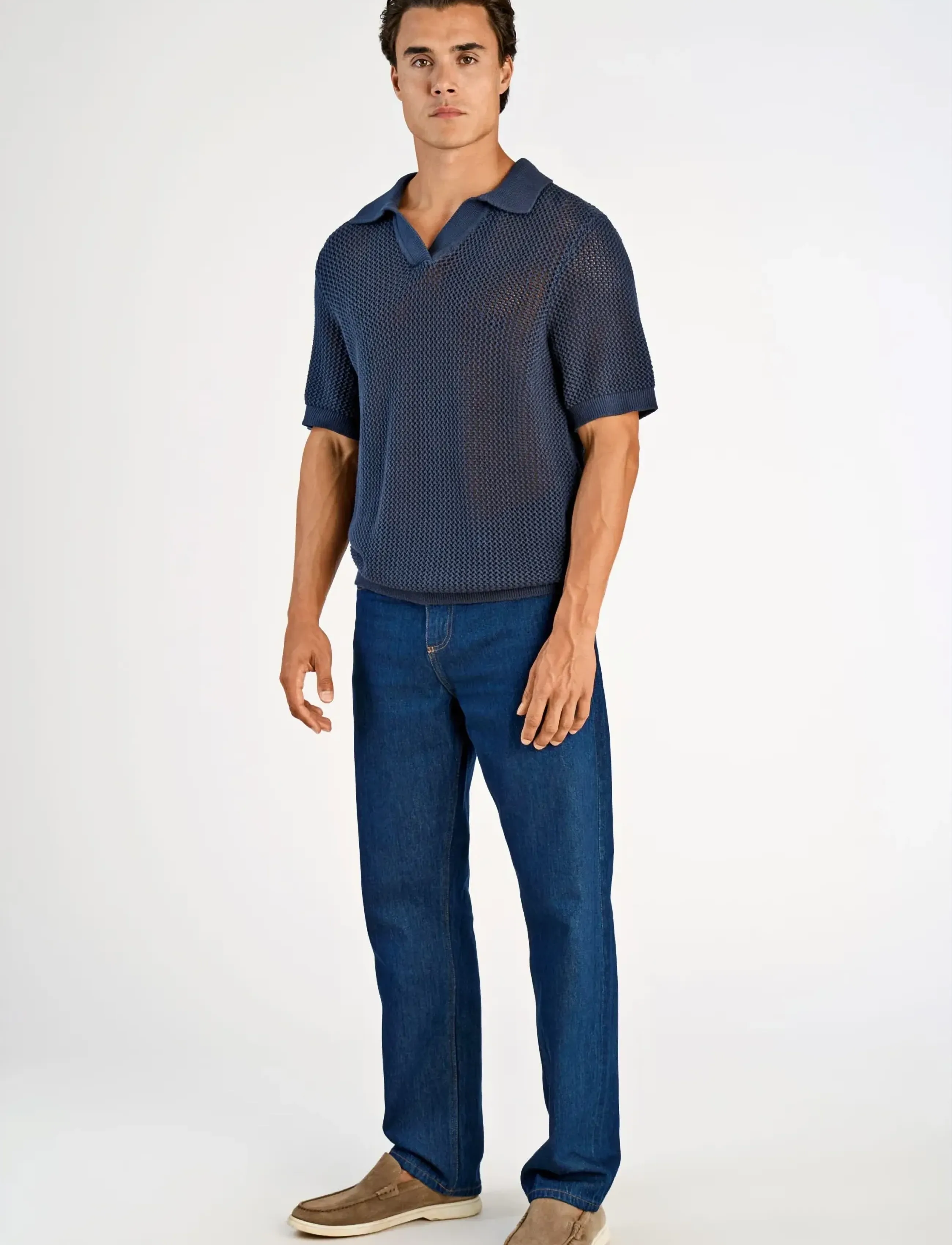 Lindbergh V-neck S/S crochet knit polo - Kurzärmelige gestrickte Polohemden - DK BLUE / navy