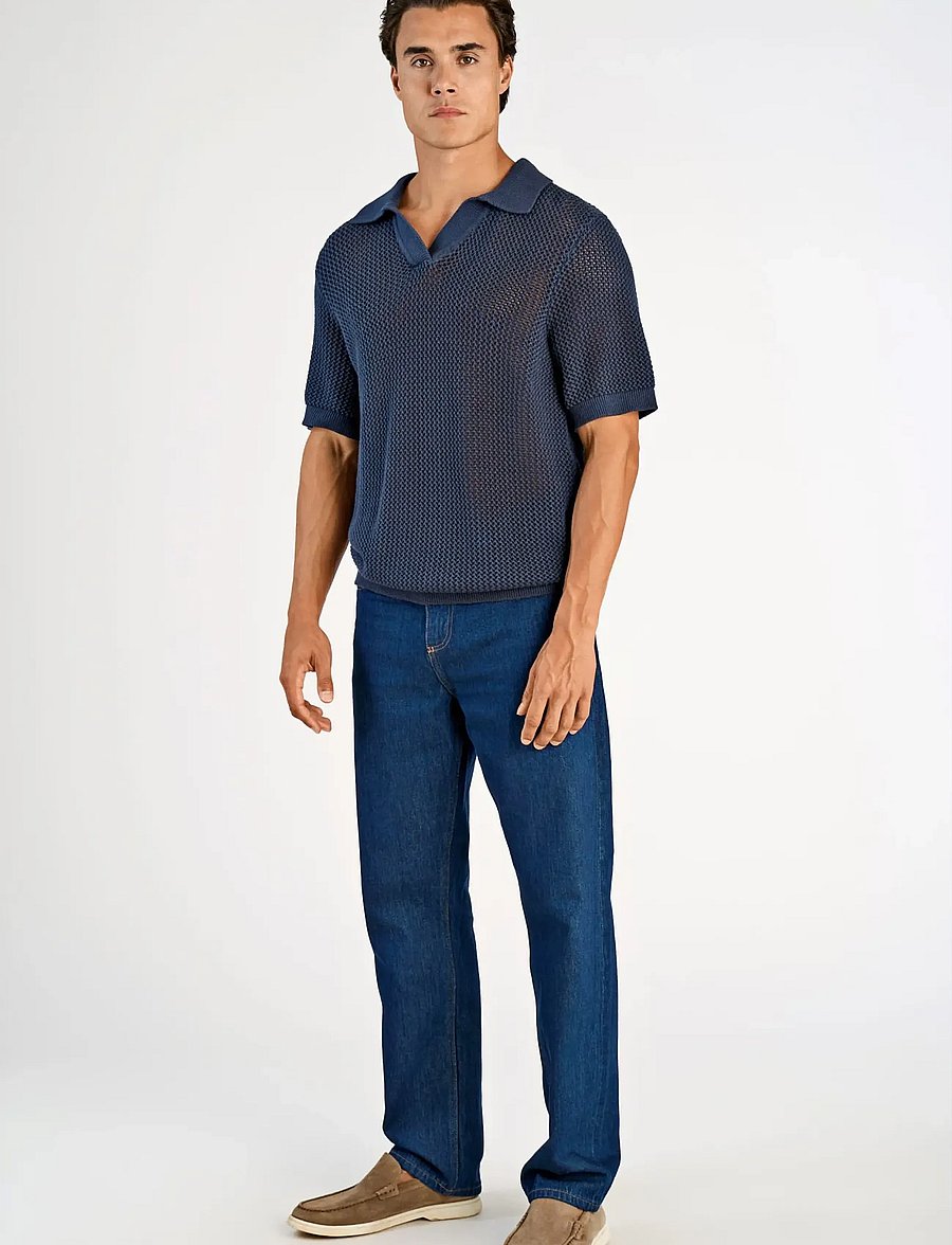 Lindbergh - V-neck S/S crochet knit polo - kootud polosärgid - dk blue - 0