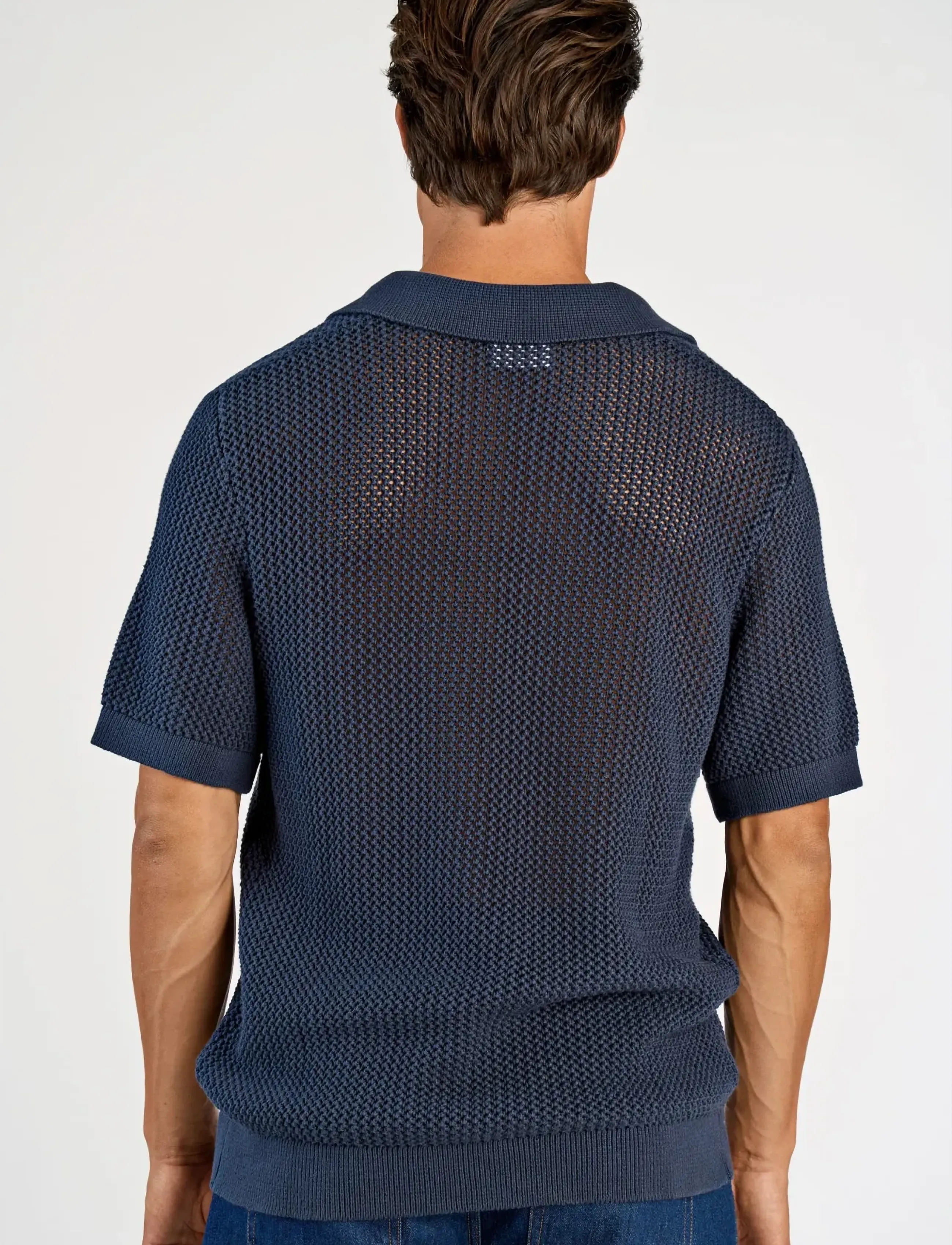 Lindbergh - V-neck S/S crochet knit polo - polostrik - dk blue - 3