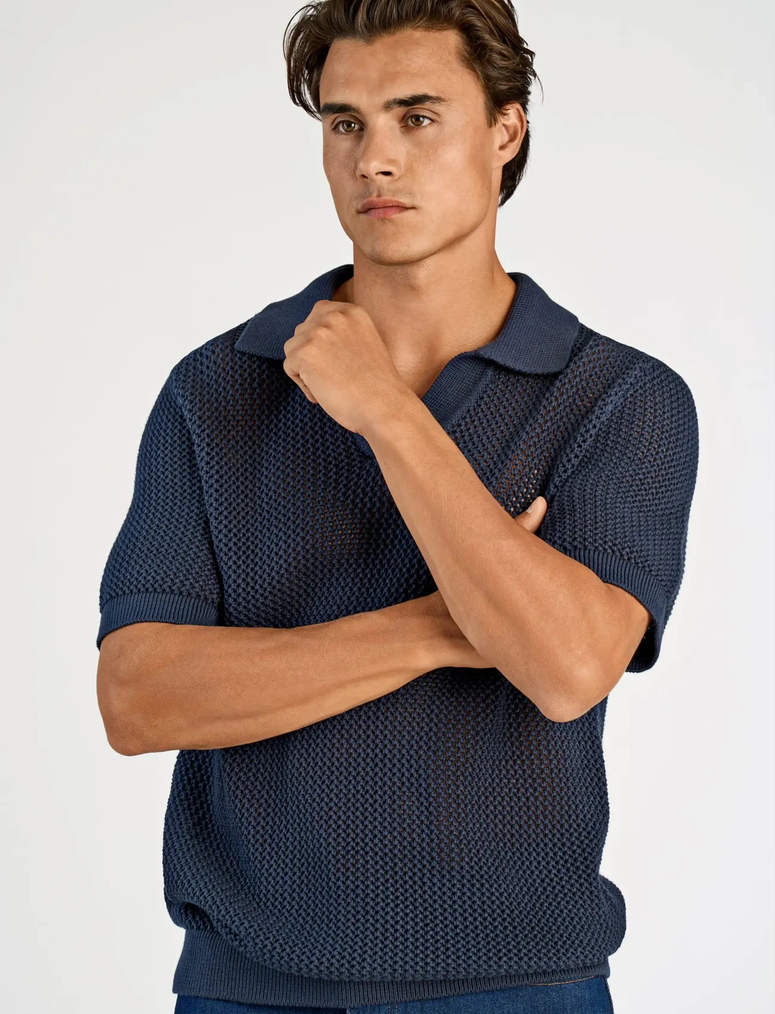 Lindbergh - V-neck S/S crochet knit polo - polostrik - dk blue - 4