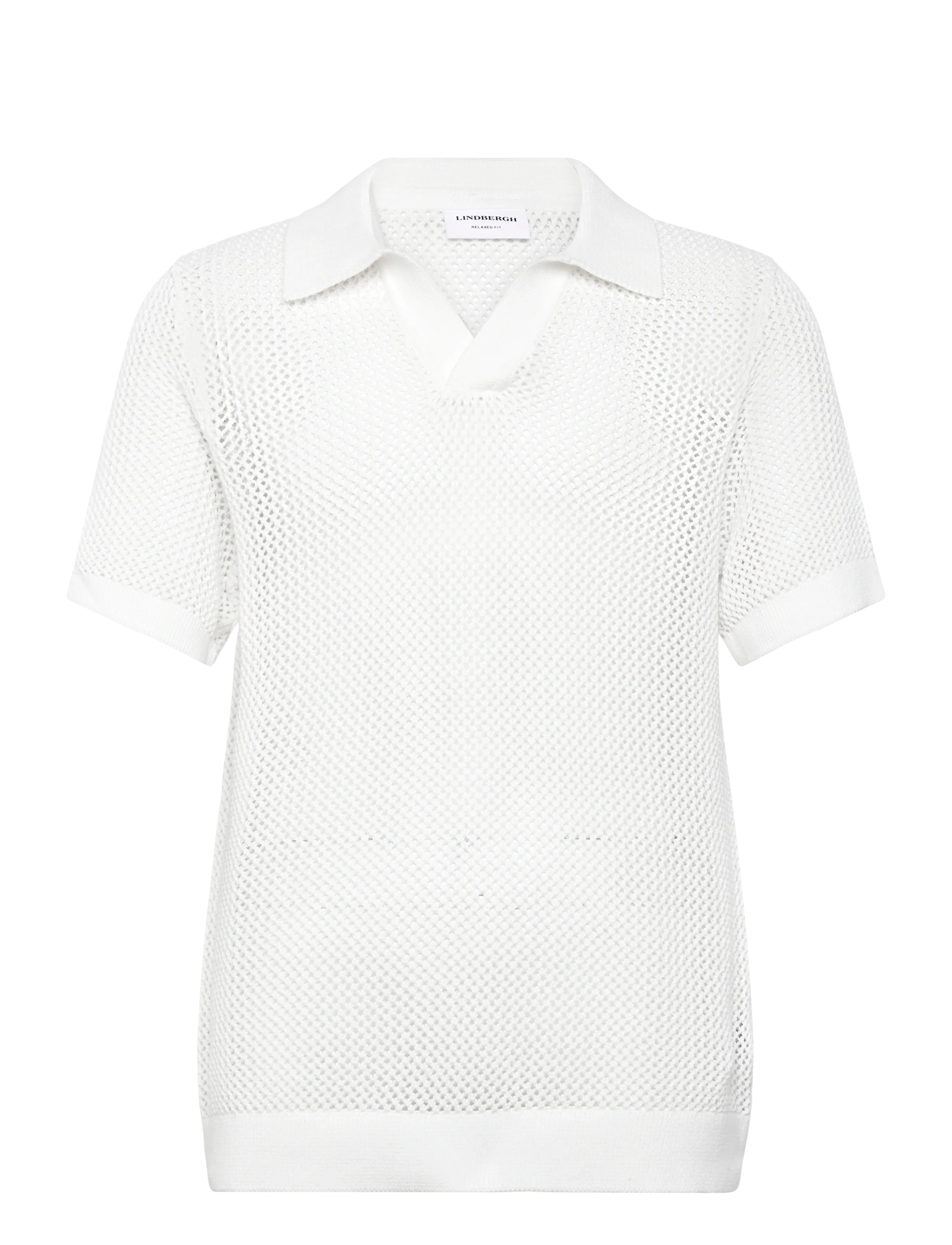 Lindbergh V-neck S/S crochet knit polo - Strik - OFF WHITE / white
