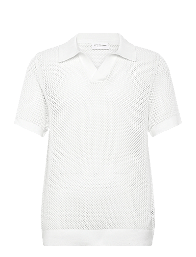 Lindbergh V-neck S/S crochet knit polo - Poloskjorter i strik med korte ærmer - OFF WHITE / white