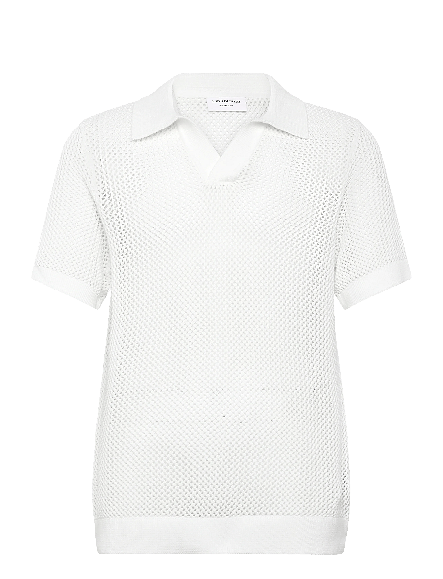 Lindbergh - V-neck S/S crochet knit polo - kootud polosärgid - off white - 1