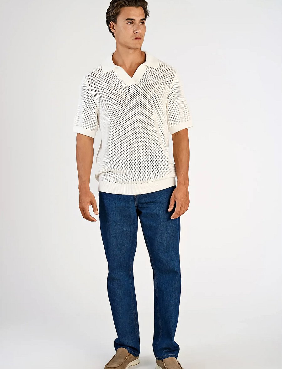 Lindbergh - V-neck S/S crochet knit polo - kootud polosärgid - off white - 0