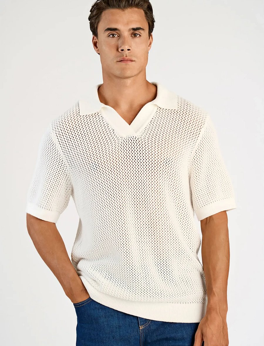 Lindbergh - V-neck S/S crochet knit polo - kootud polosärgid - off white - 3
