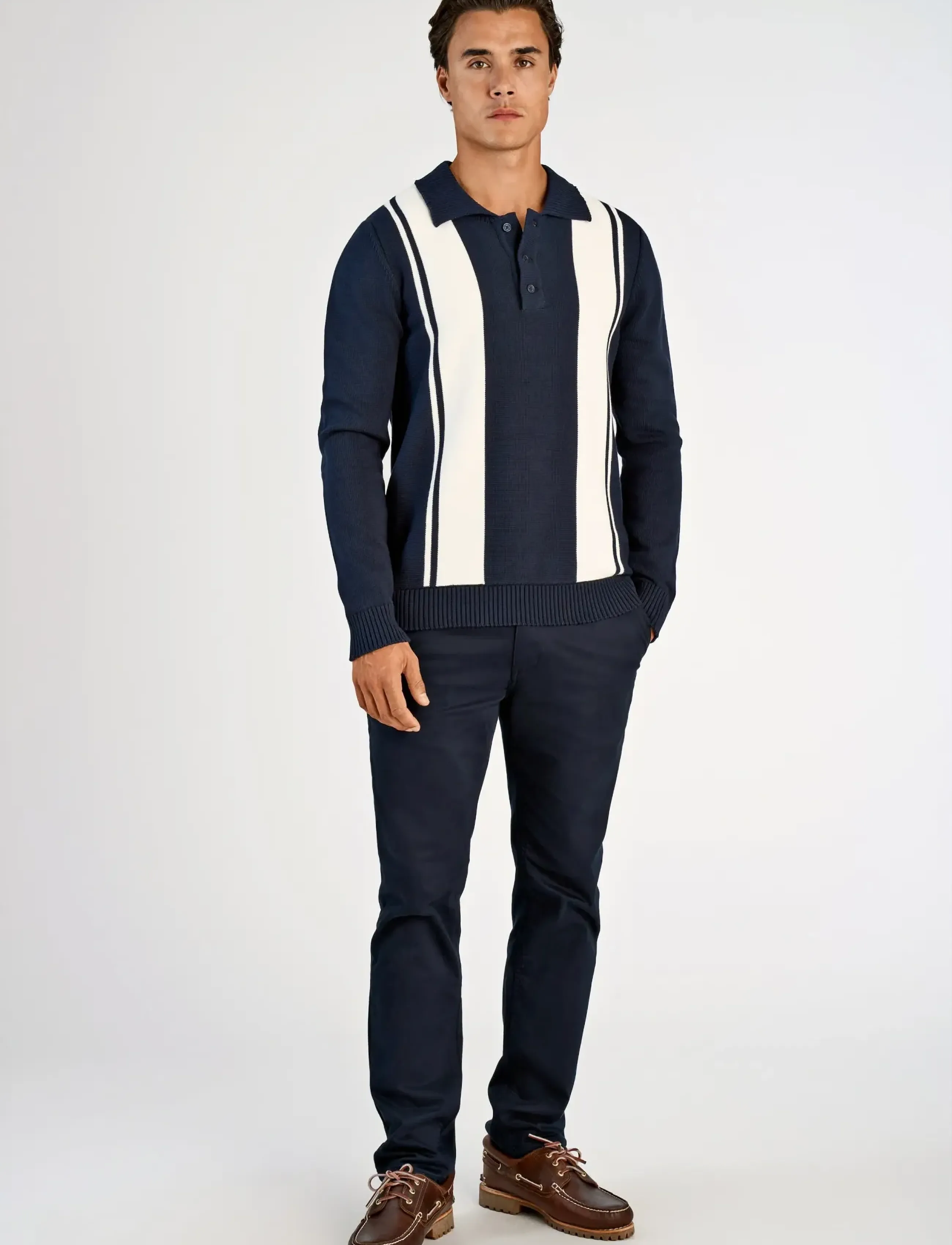 Lindbergh Knitted Block Stripe L/S Polo, XXL, Polos, Marineblau - Long-sleeved, Männerswear