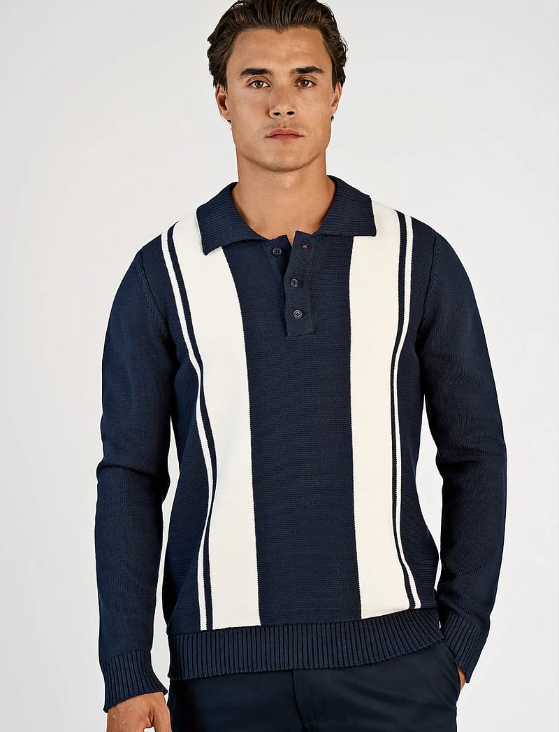 Lindbergh - Knitted block stripe L/S polo - kootud polosärgid - navy - 3