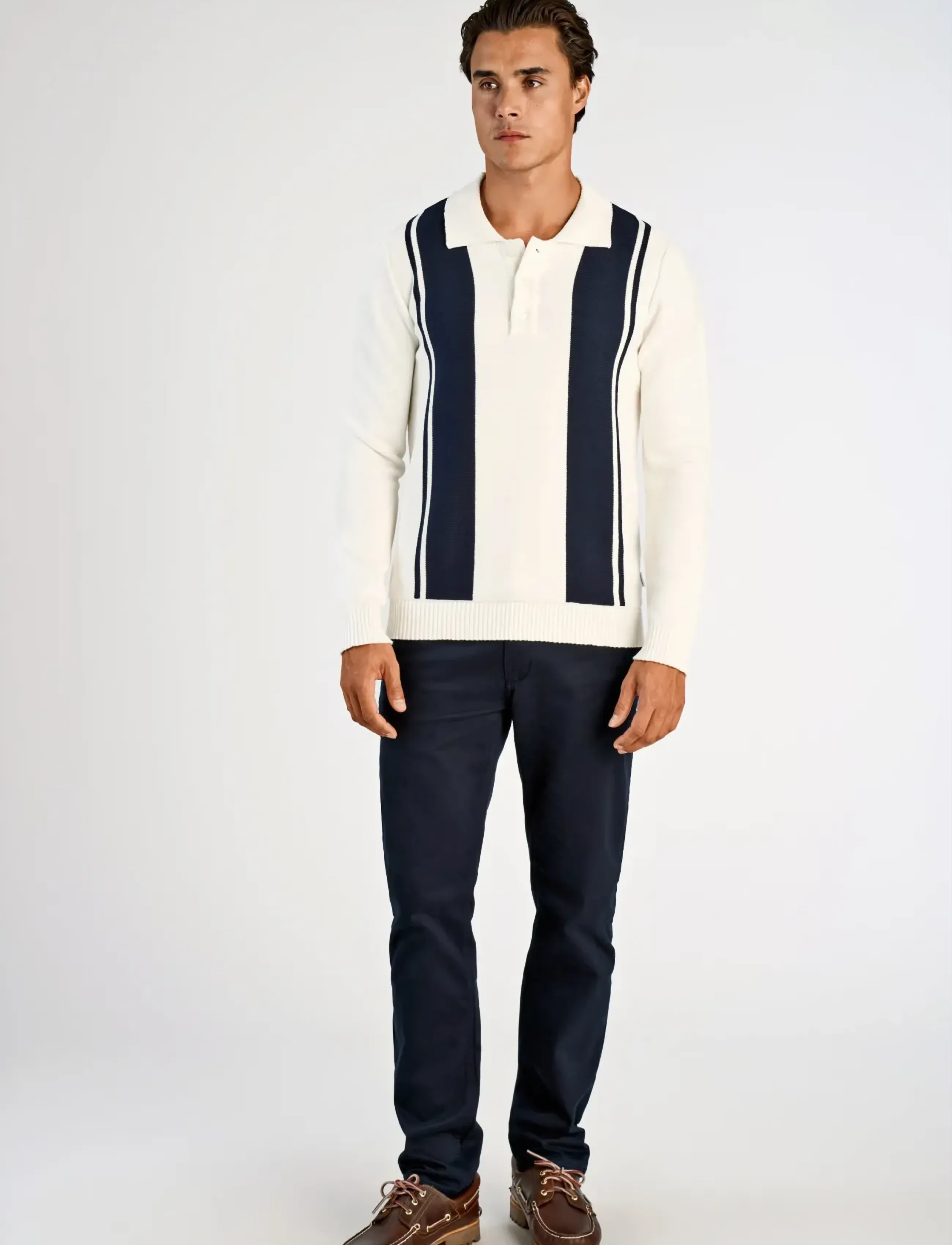 Lindbergh Knitted block stripe L/S polo - Riided - OFF WHITE / white