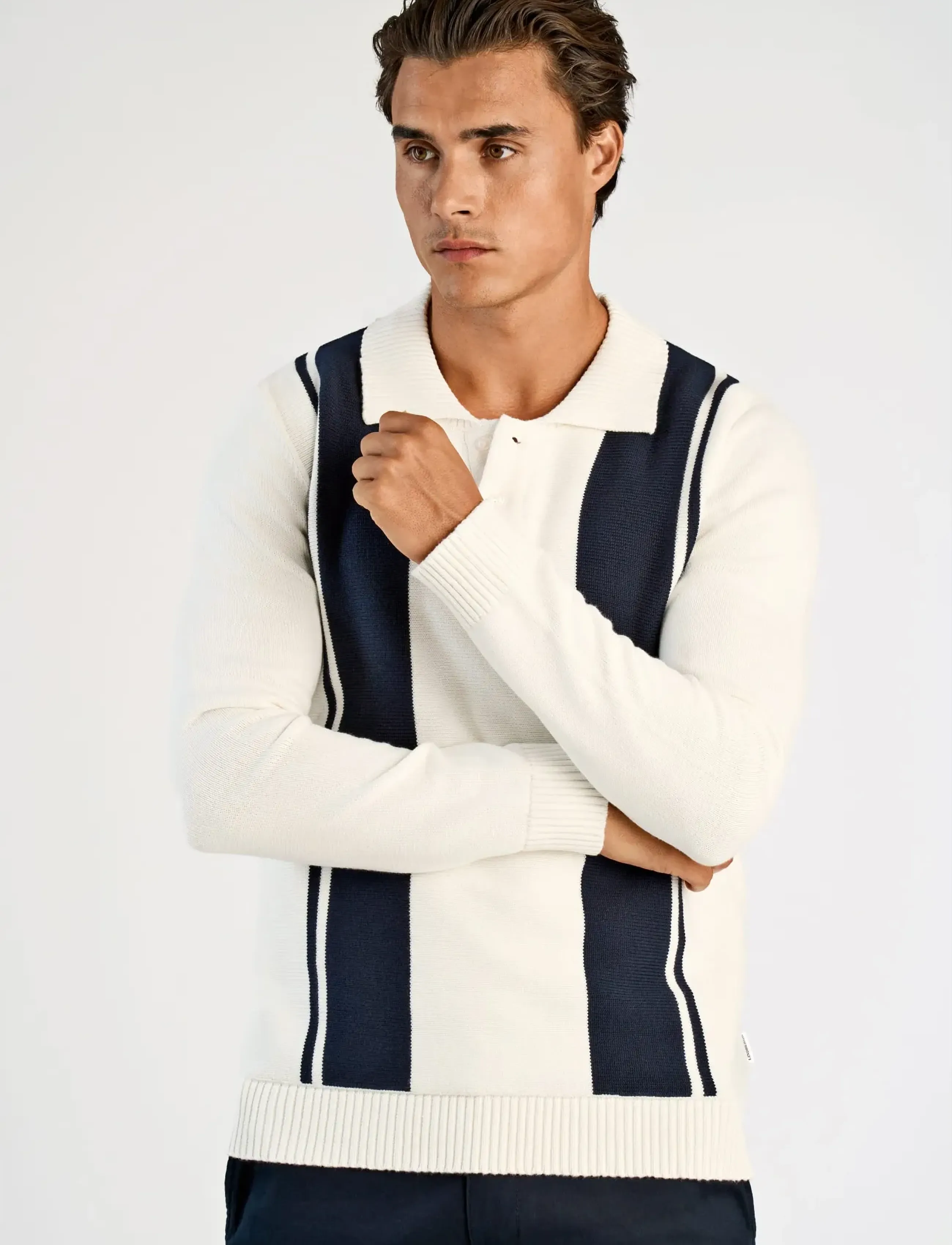 Lindbergh - Knitted block stripe L/S polo - long-sleeved knitted polos - off white - 3